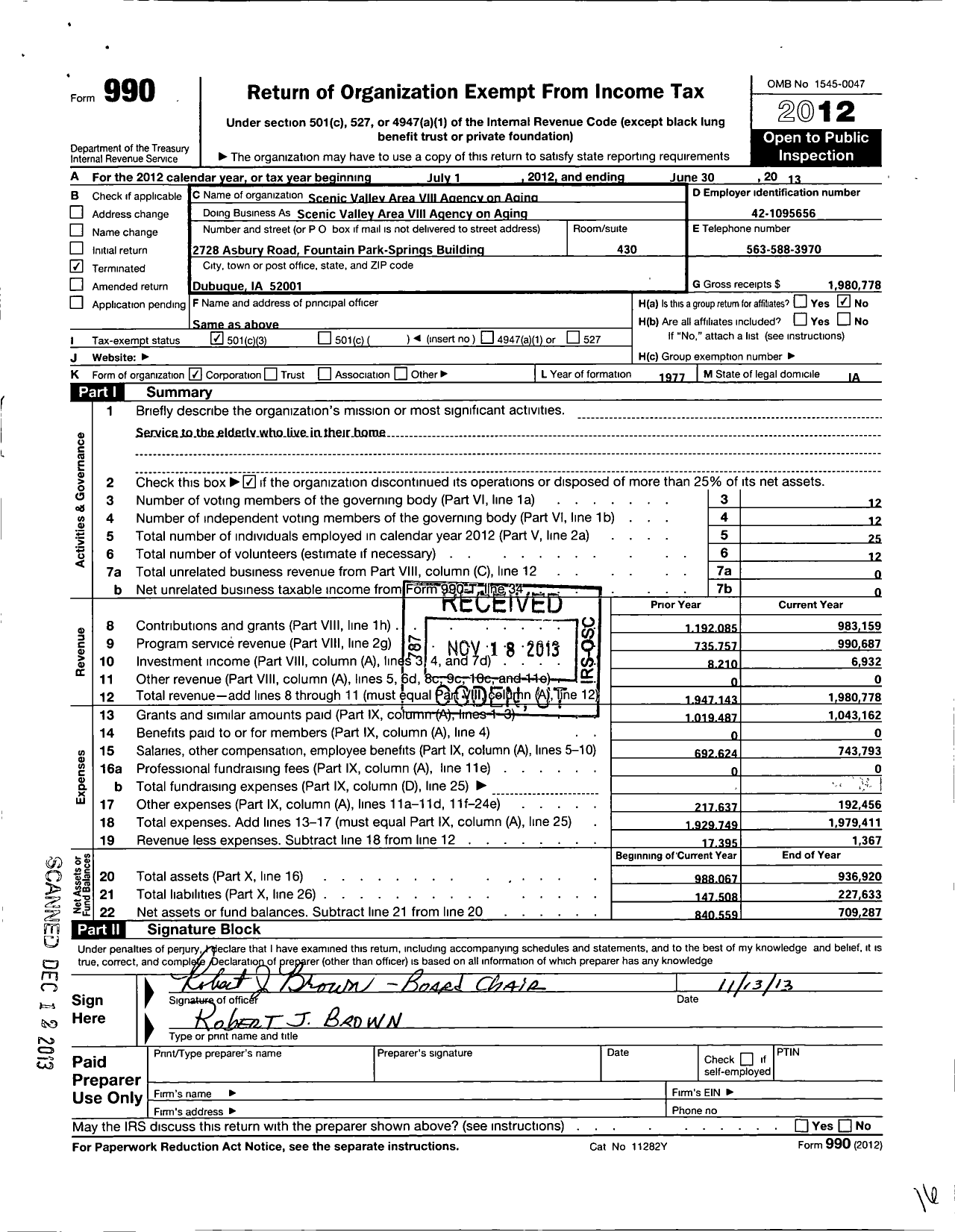 Image of first page of 2012 Form 990 for Scenic Valley Area Viii Agency on Aging