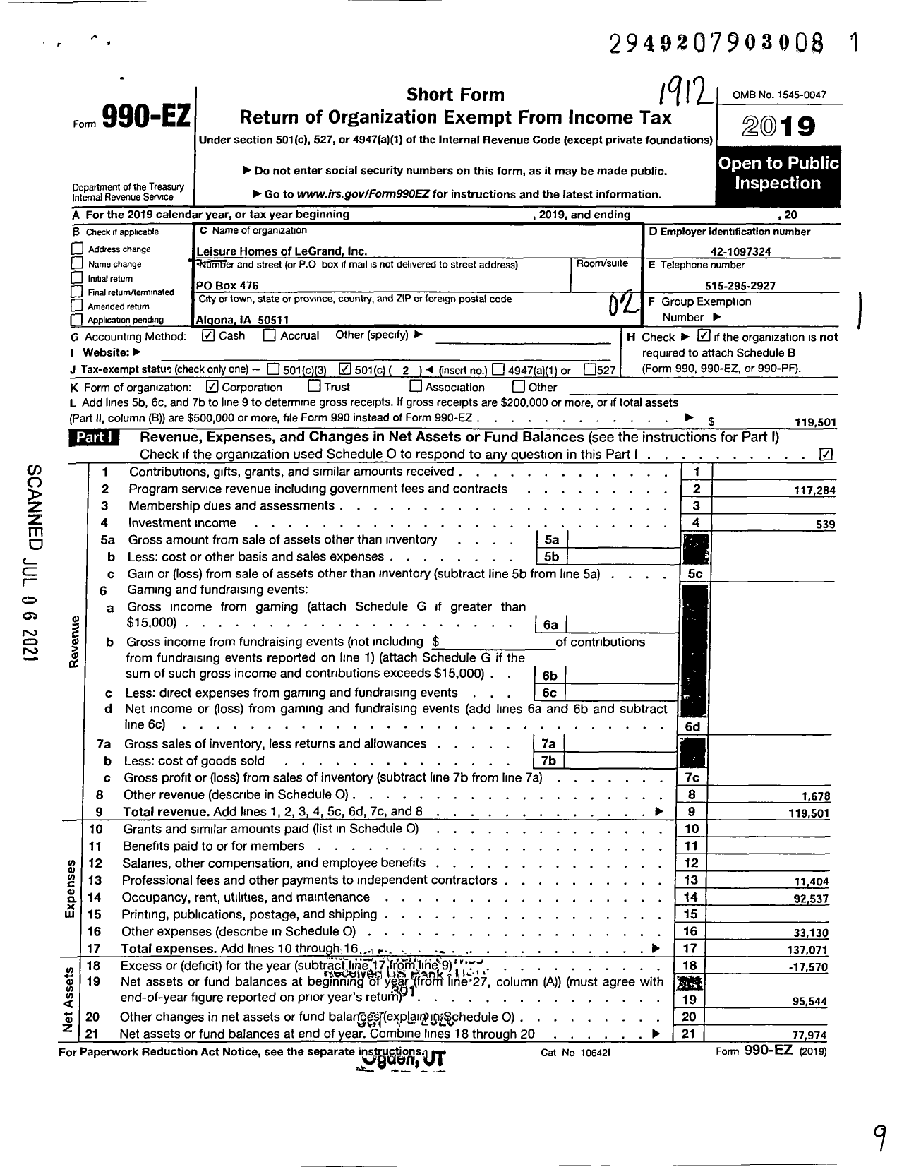 Image of first page of 2019 Form 990EO for Leisure Homes of Legrand Grand