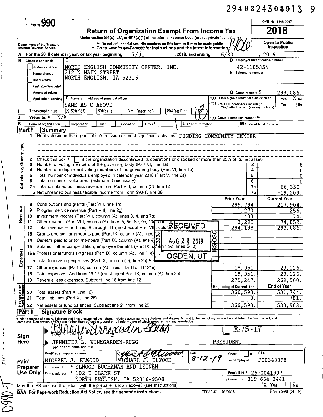 Image of first page of 2018 Form 990 for North English Community Center