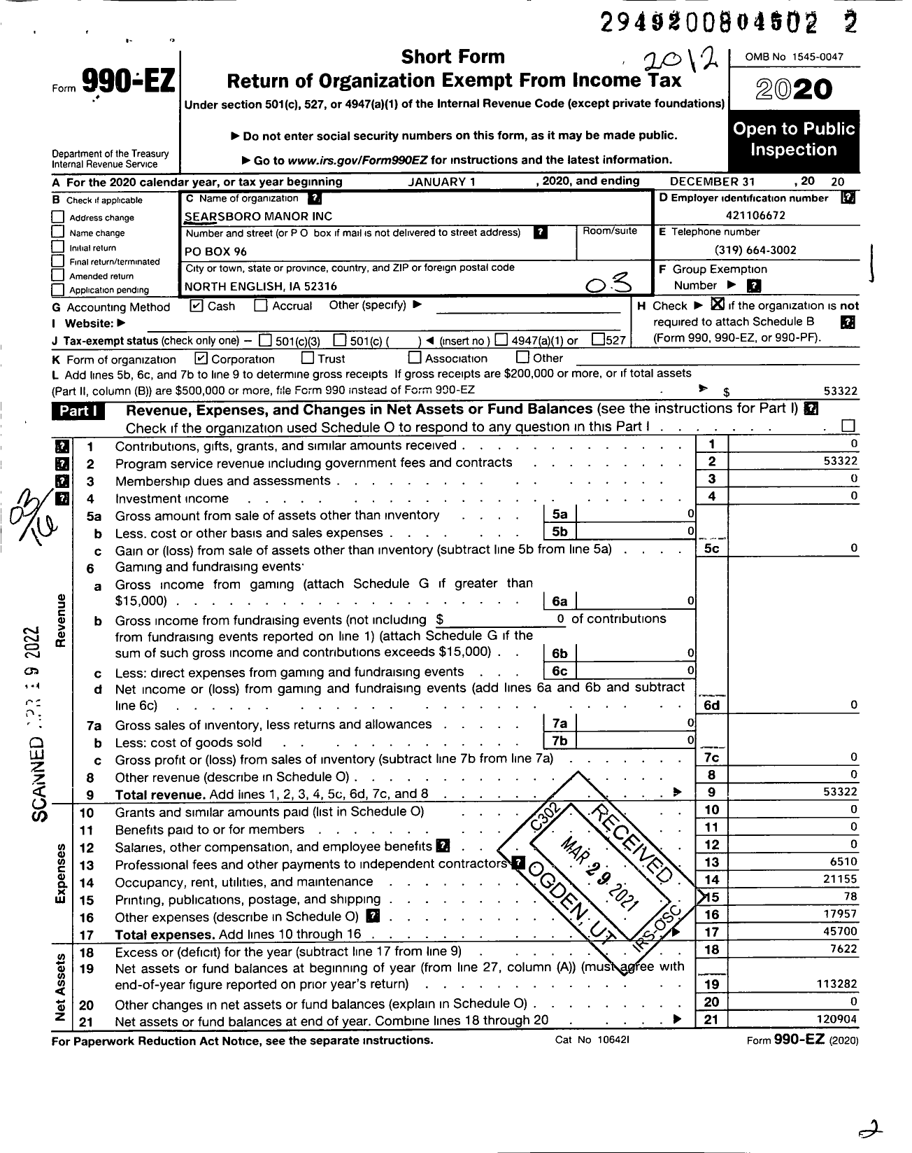 Image of first page of 2020 Form 990EZ for Searsboro Manor