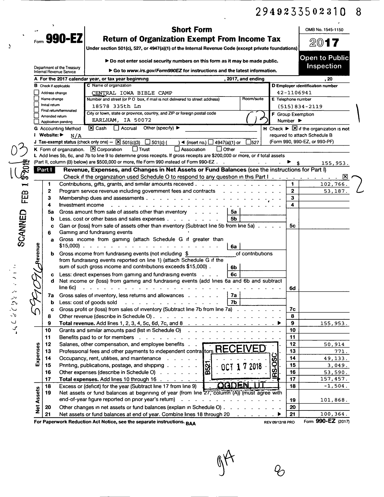 Image of first page of 2017 Form 990EZ for Central Iowa Bible Camp