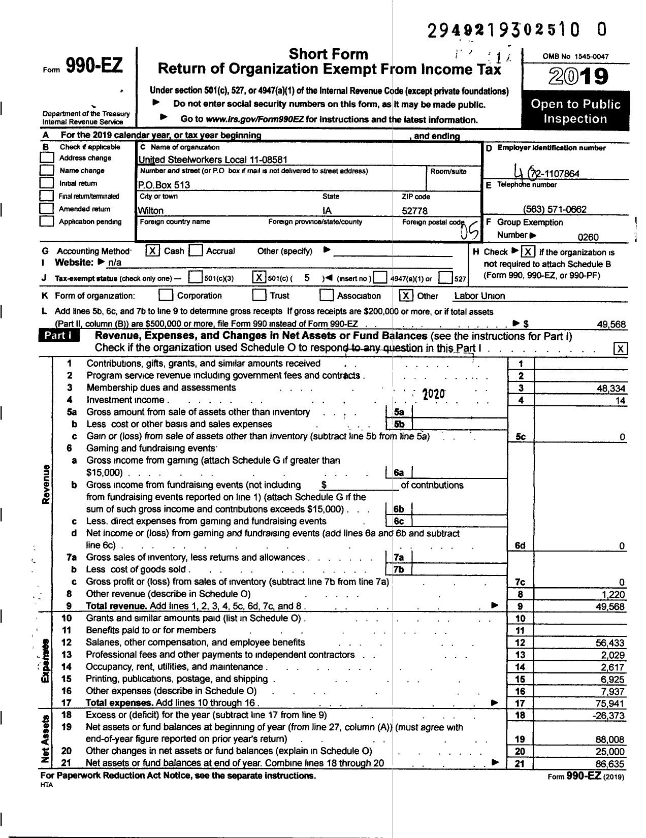 Image of first page of 2019 Form 990EO for United Steelworkers - 08581 Local