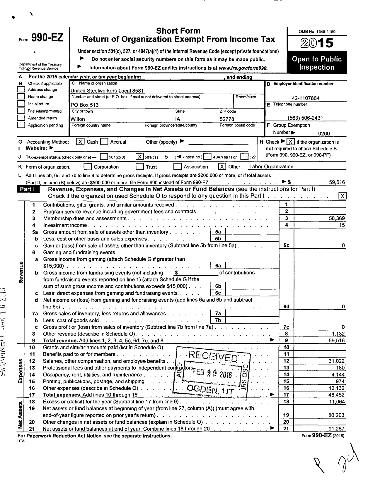 Image of first page of 2015 Form 990EO for United Steelworkers - 08581 Local