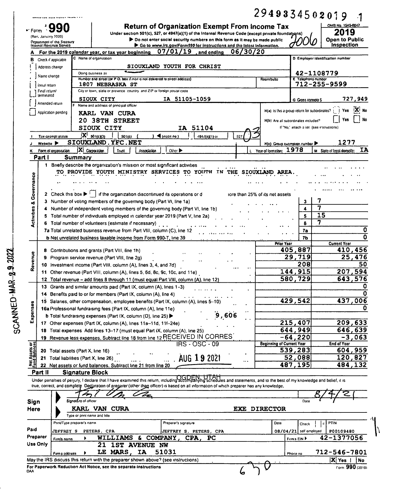 Image of first page of 2019 Form 990 for Youth for Christ - Siouxland Area