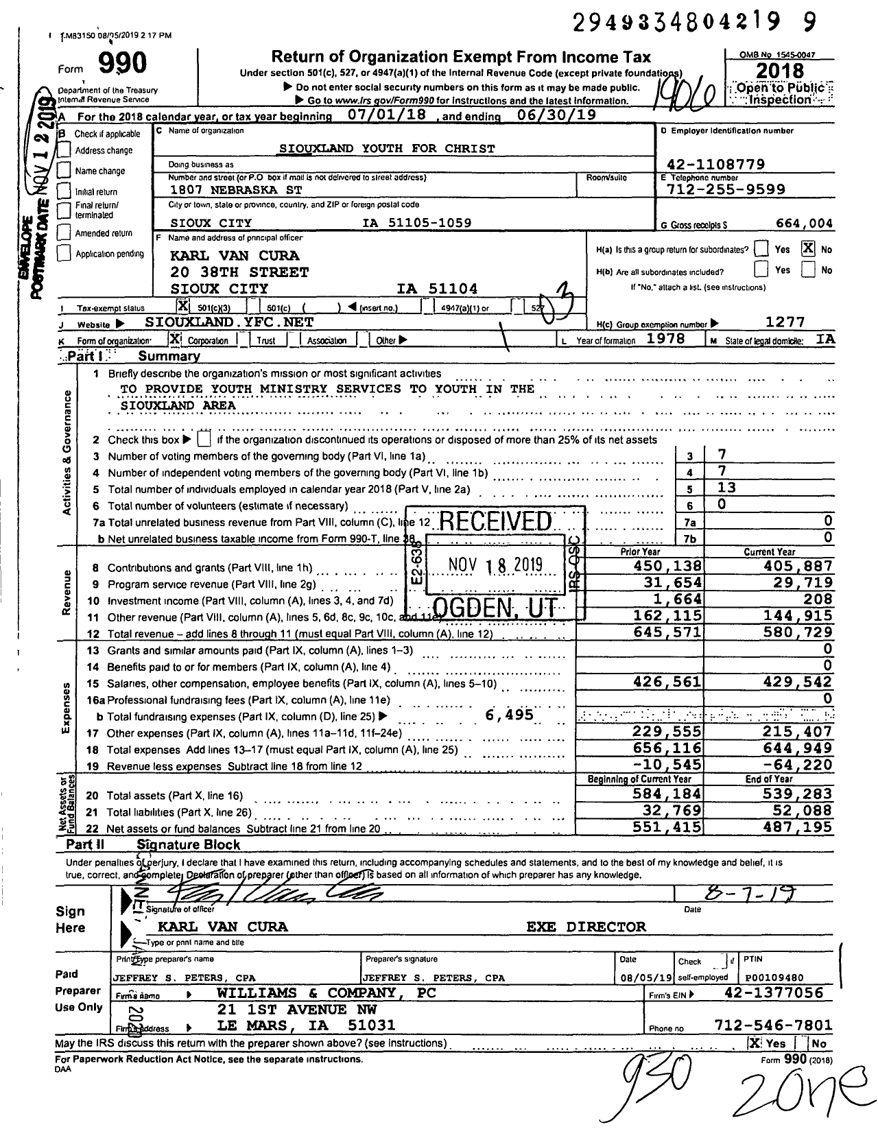 Image of first page of 2018 Form 990 for Youth for Christ - Siouxland Area