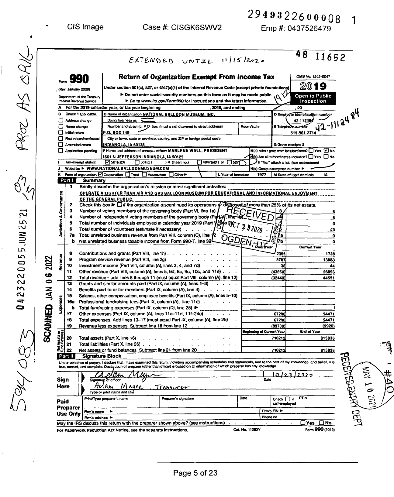 Image of first page of 2019 Form 990 for National Balloon Museum