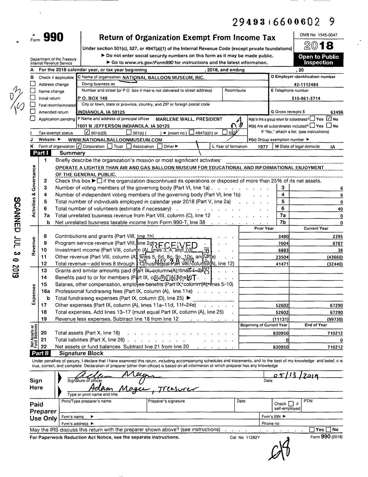 Image of first page of 2018 Form 990 for National Balloon Museum