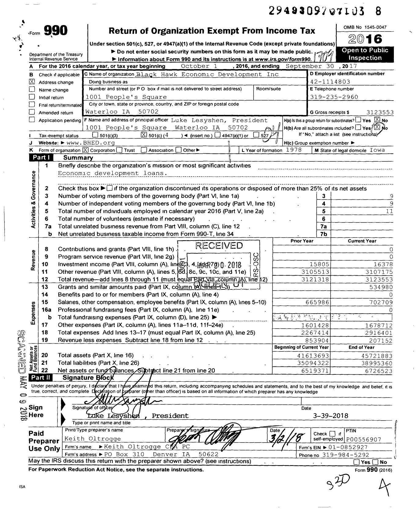 Image of first page of 2016 Form 990O for Black Hawk Economic Development