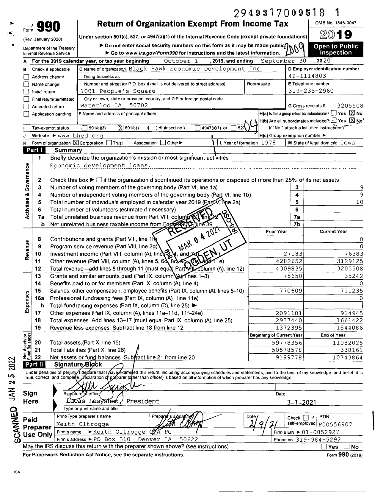 Image of first page of 2019 Form 990O for Black Hawk Economic Development