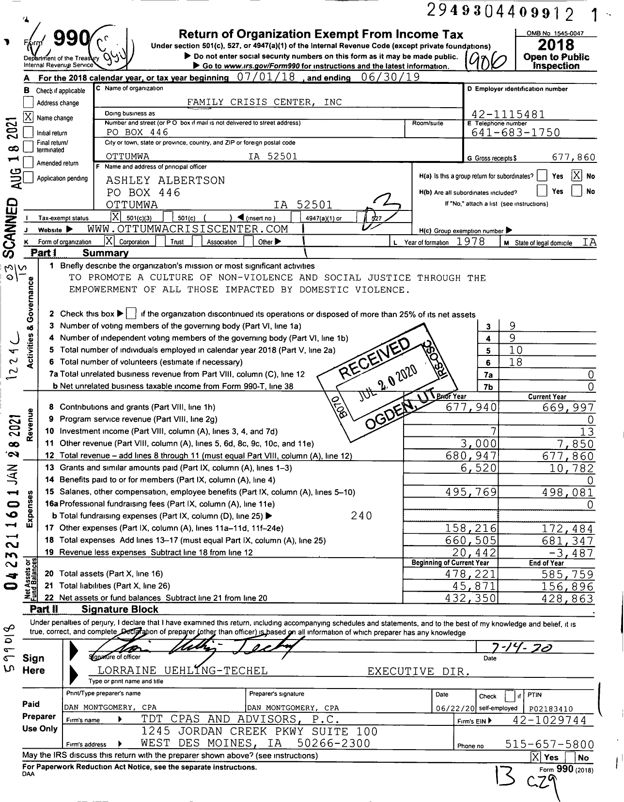 Image of first page of 2018 Form 990 for Family Crisis Center / Crisis Center & Women's Shelter Inc