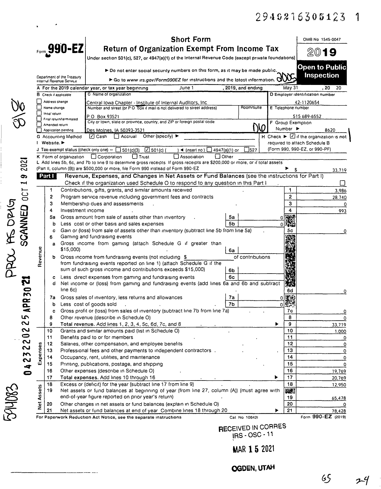 Image of first page of 2019 Form 990EO for Institute of Internal Auditors / Central Iowa Chapter