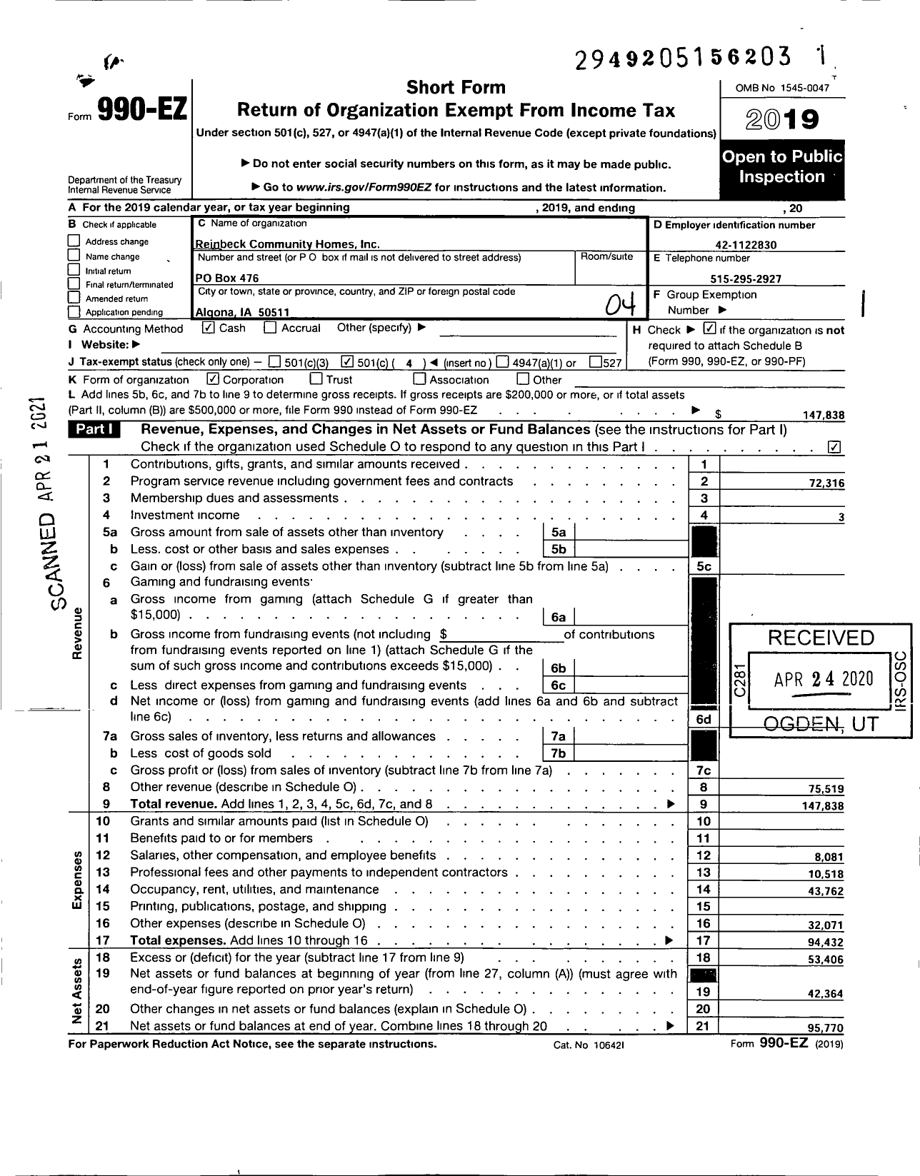 Image of first page of 2019 Form 990EO for Reinbeck Community Homes