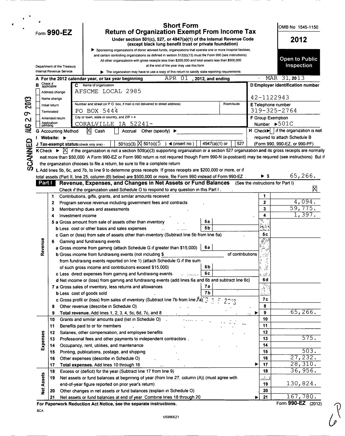 Image of first page of 2012 Form 990EO for American Federation of State County & Municipal Employees - L2985ia Security Medical Facility