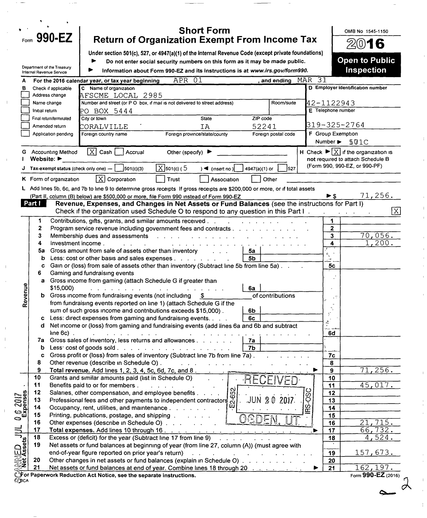 Image of first page of 2015 Form 990EO for American Federation of State County & Municipal Employees - L2985ia Security Medical Facility