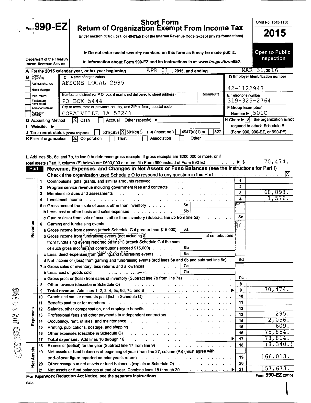 Image of first page of 2015 Form 990EO for American Federation of State County & Municipal Employees - L2985ia Security Medical Facility