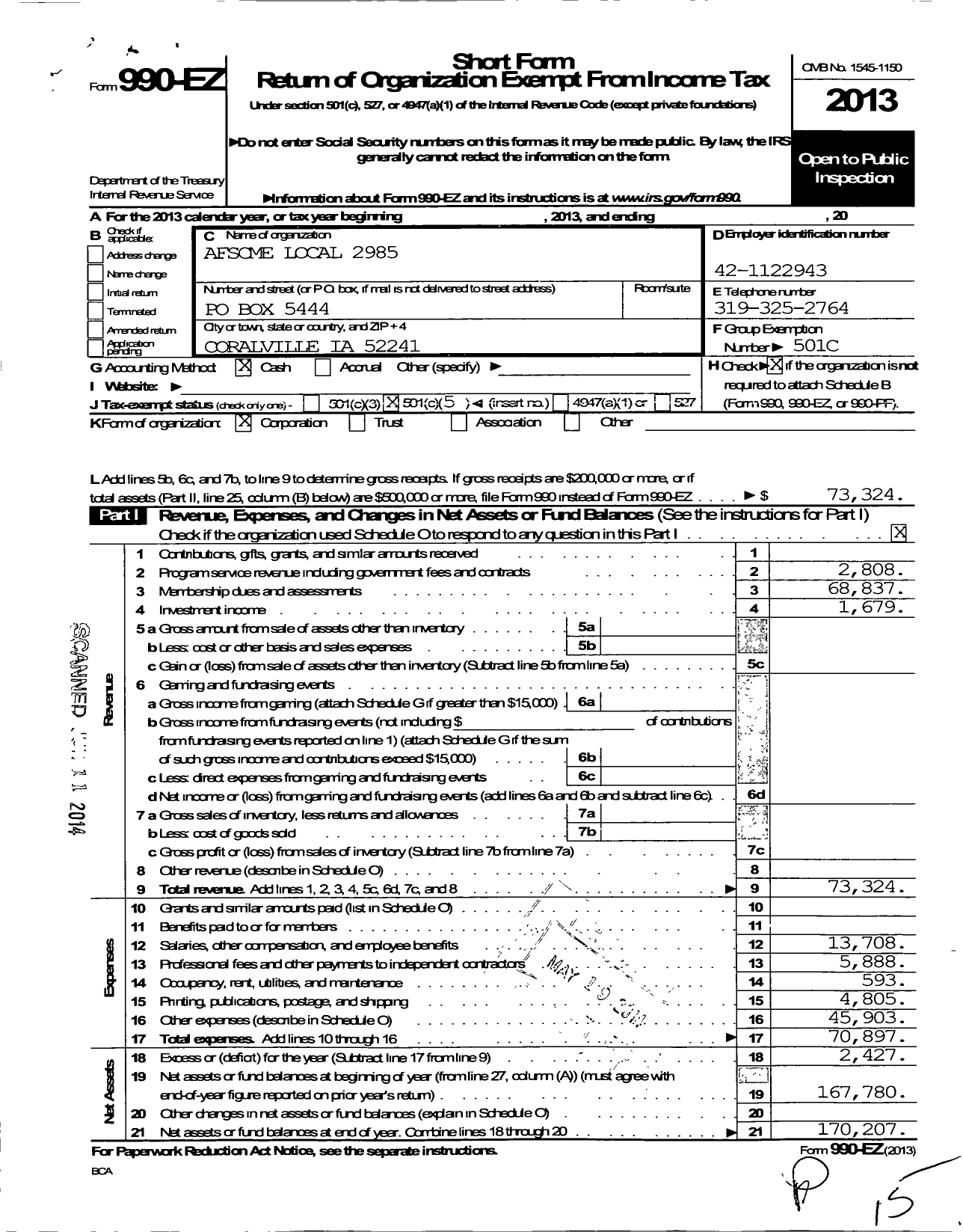 Image of first page of 2013 Form 990EO for American Federation of State County & Municipal Employees - L2985ia Security Medical Facility