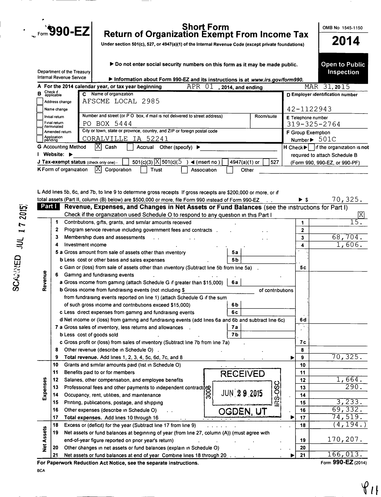 Image of first page of 2014 Form 990EO for American Federation of State County & Municipal Employees - L2985ia Security Medical Facility