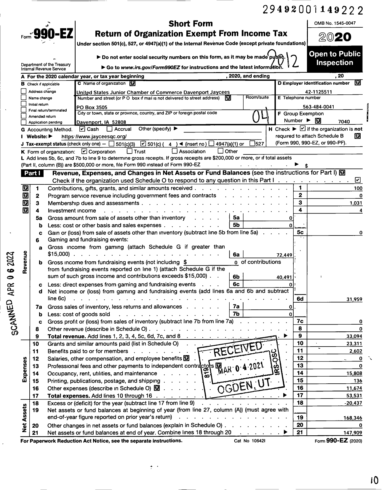 Image of first page of 2020 Form 990EO for United States Junior Chamber of Commerce Davenport Jaycees