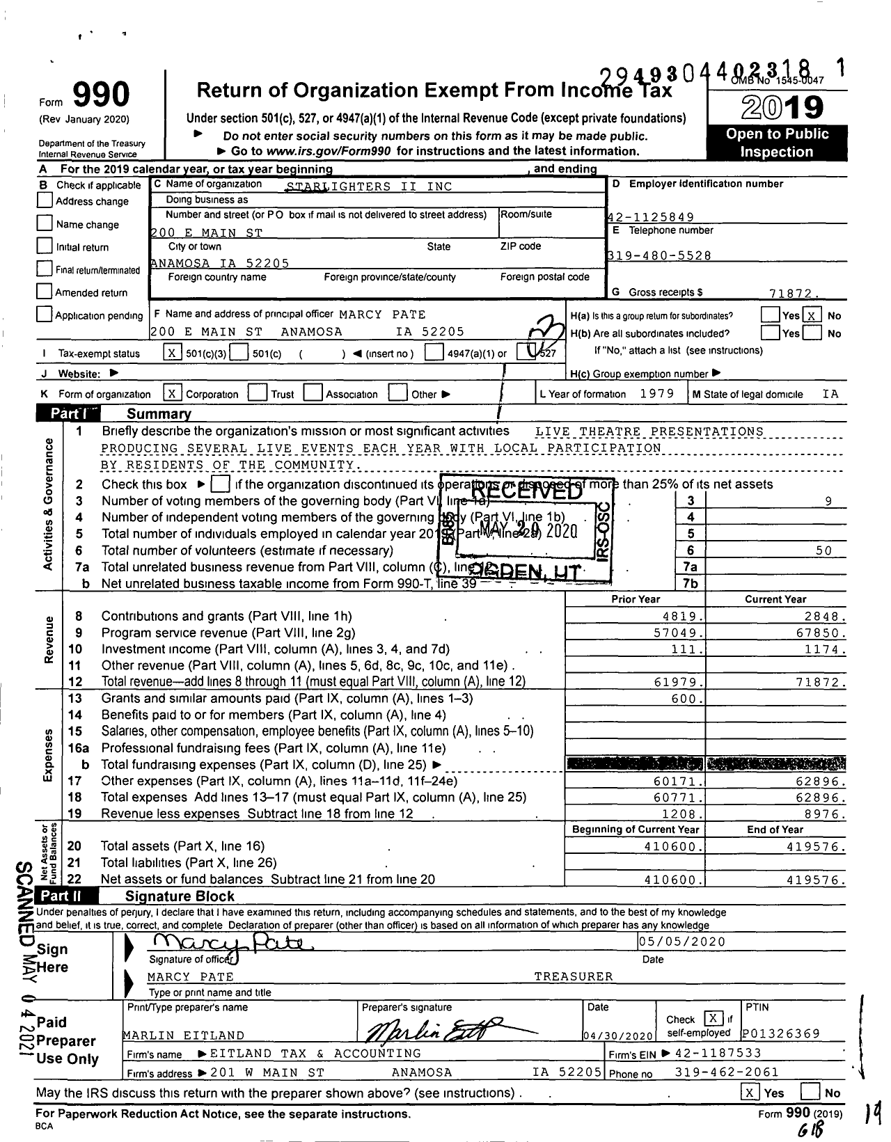 Image of first page of 2019 Form 990 for Starlighters Ii