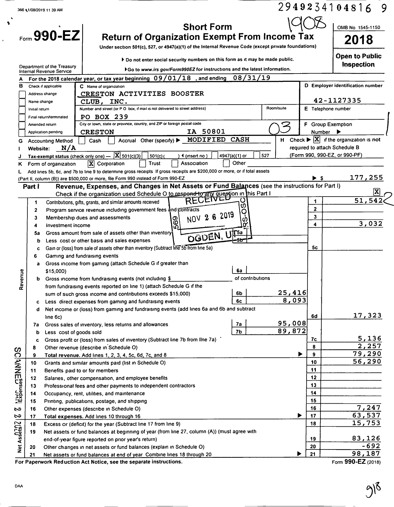 Image of first page of 2018 Form 990EZ for Creston Activities Booster Club