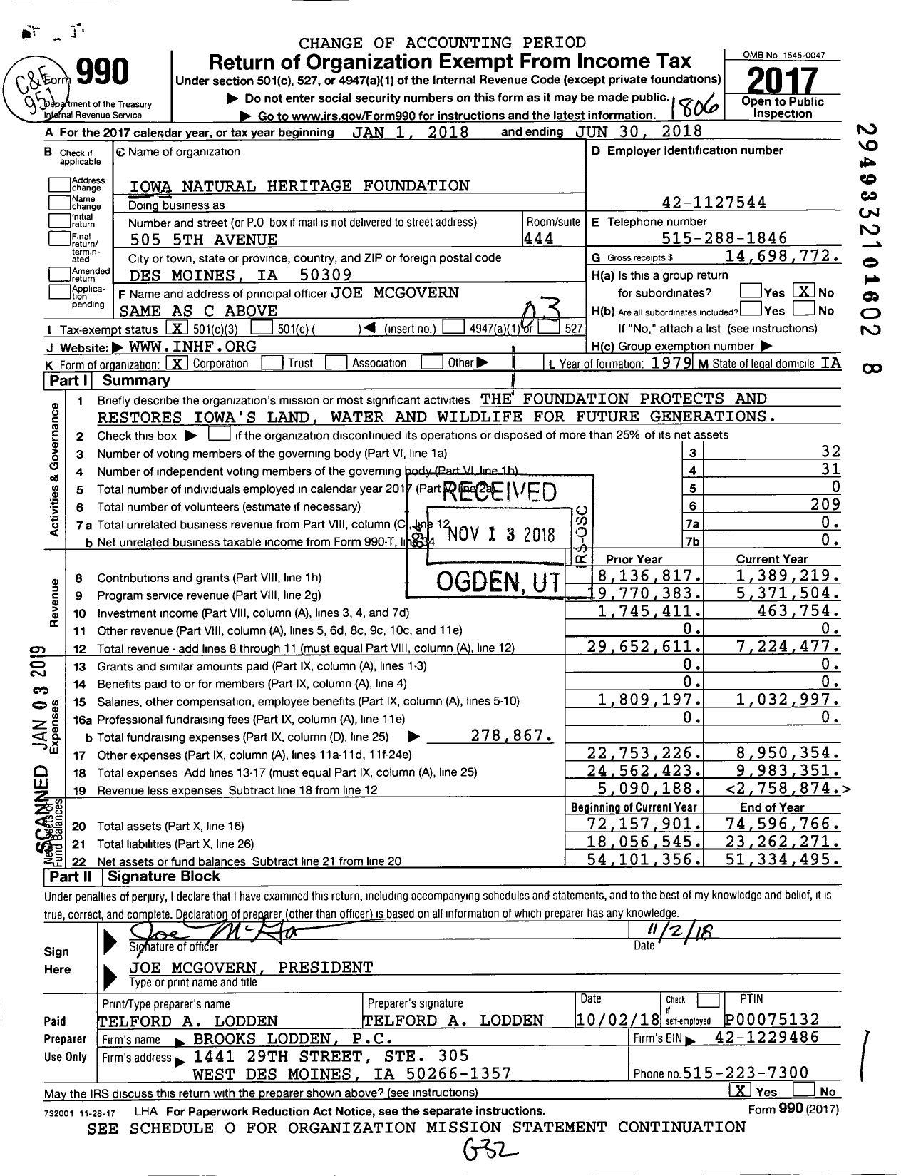 Image of first page of 2017 Form 990 for Iowa Natural Heritage Foundation (INHF)