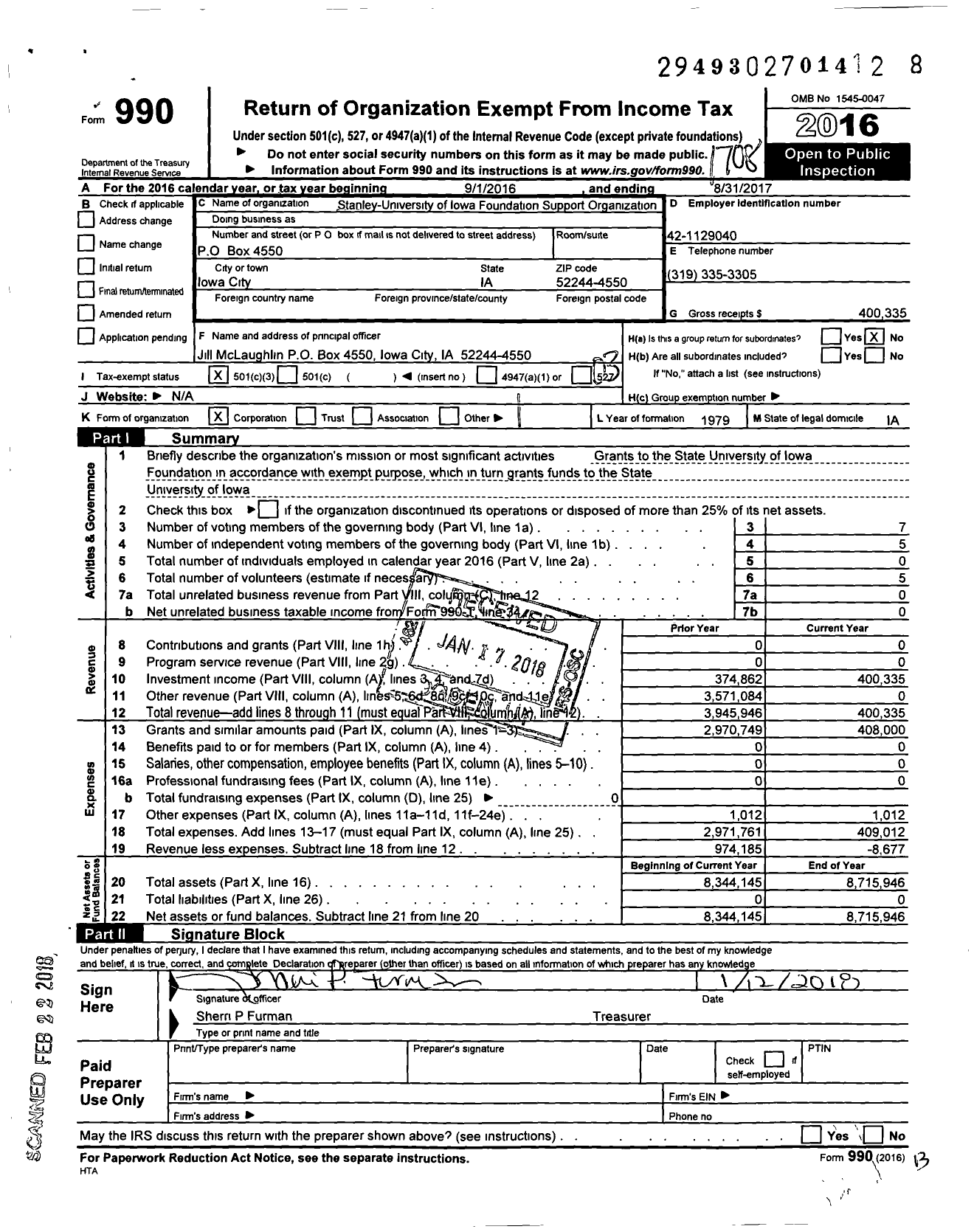 Image of first page of 2016 Form 990 for Stanley-University of Iowa Foundation Support Organization