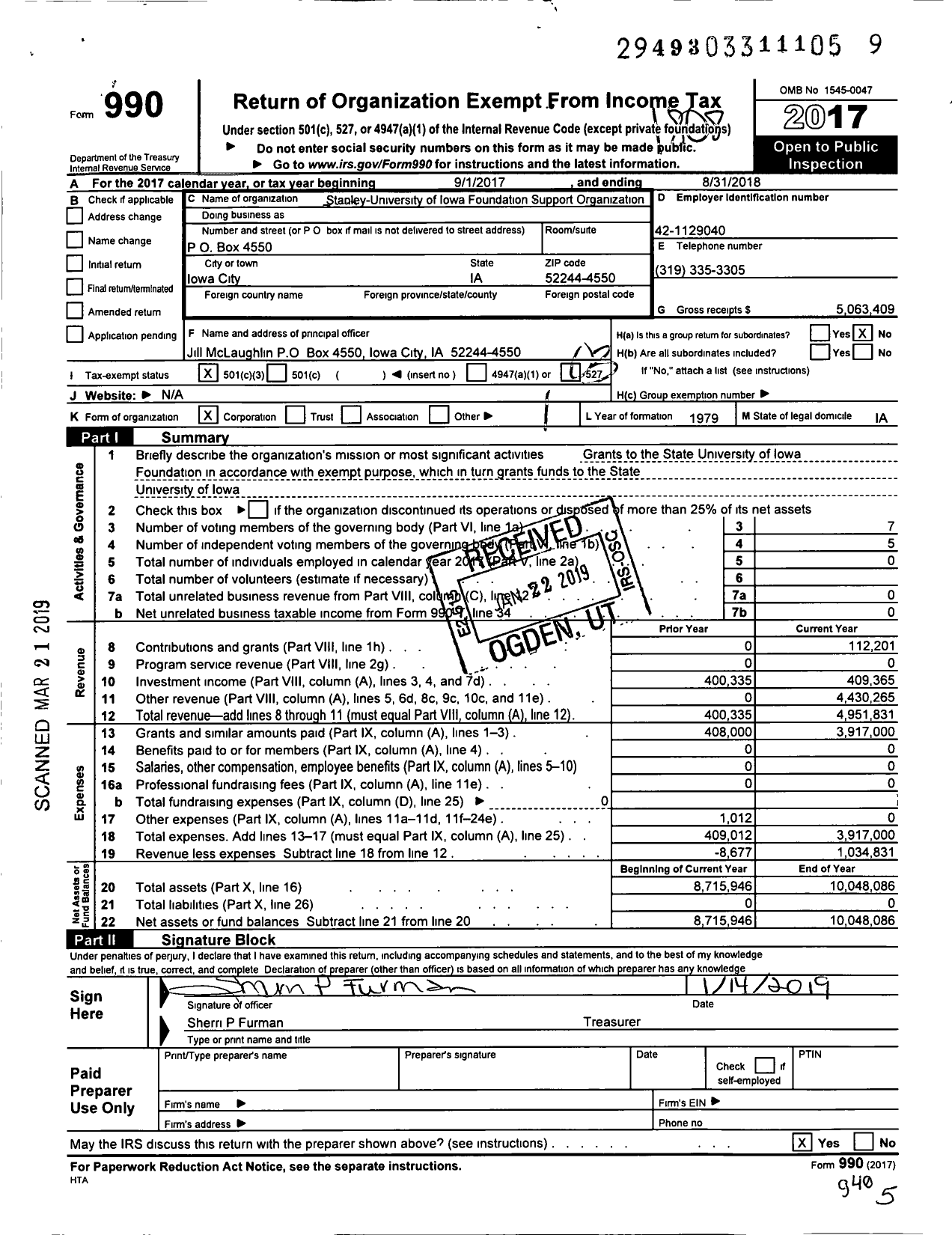 Image of first page of 2017 Form 990 for Stanley-University of Iowa Foundation Support Organization