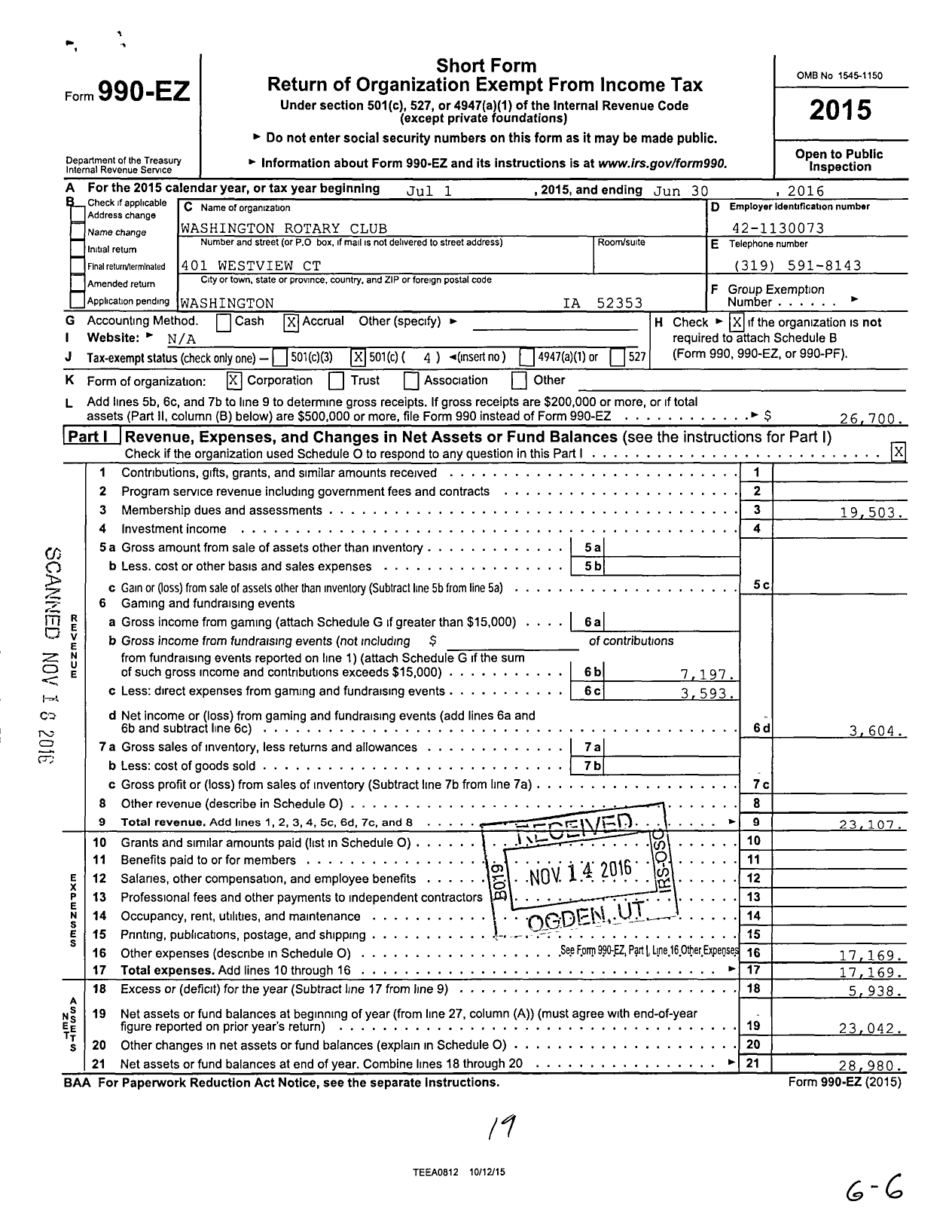 Image of first page of 2015 Form 990EO for Rotary International - Washington Rotary Club