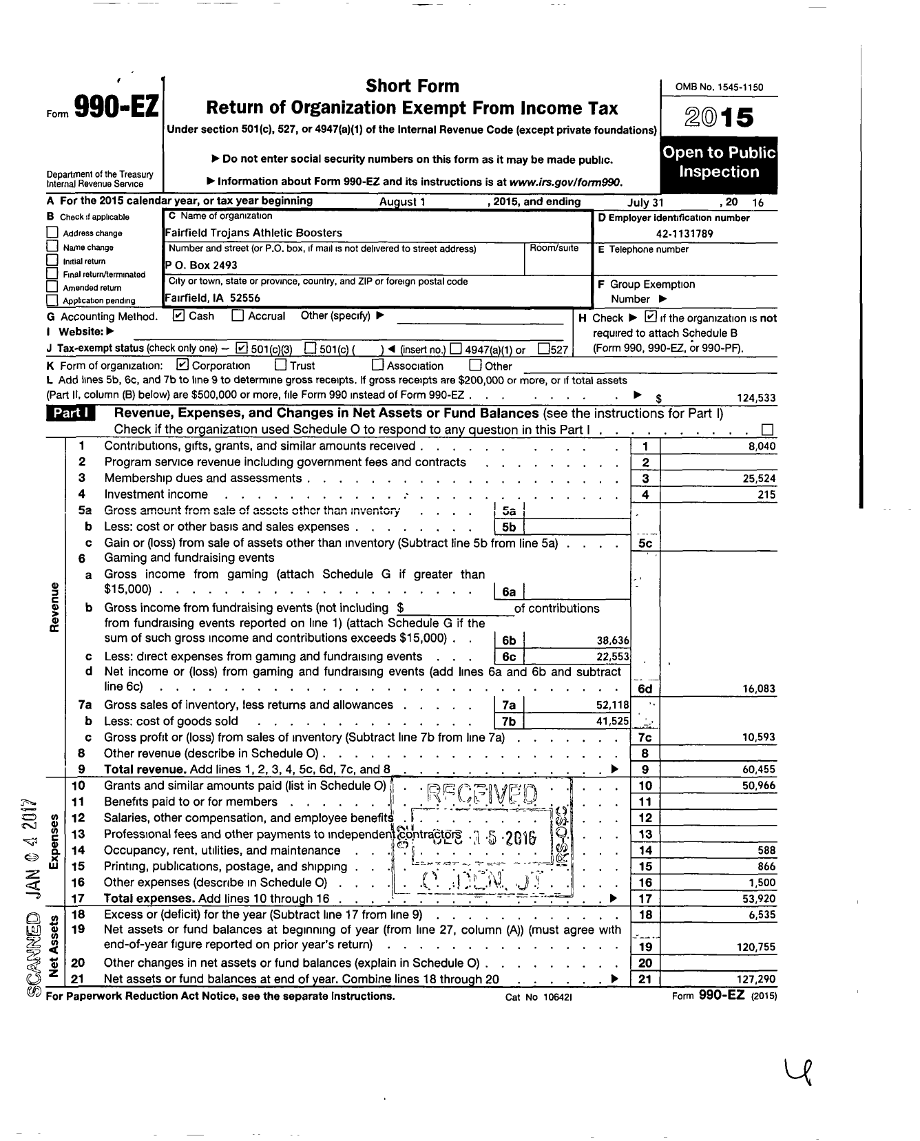 Image of first page of 2015 Form 990EZ for Fairfield Trojans Athletic Boosters