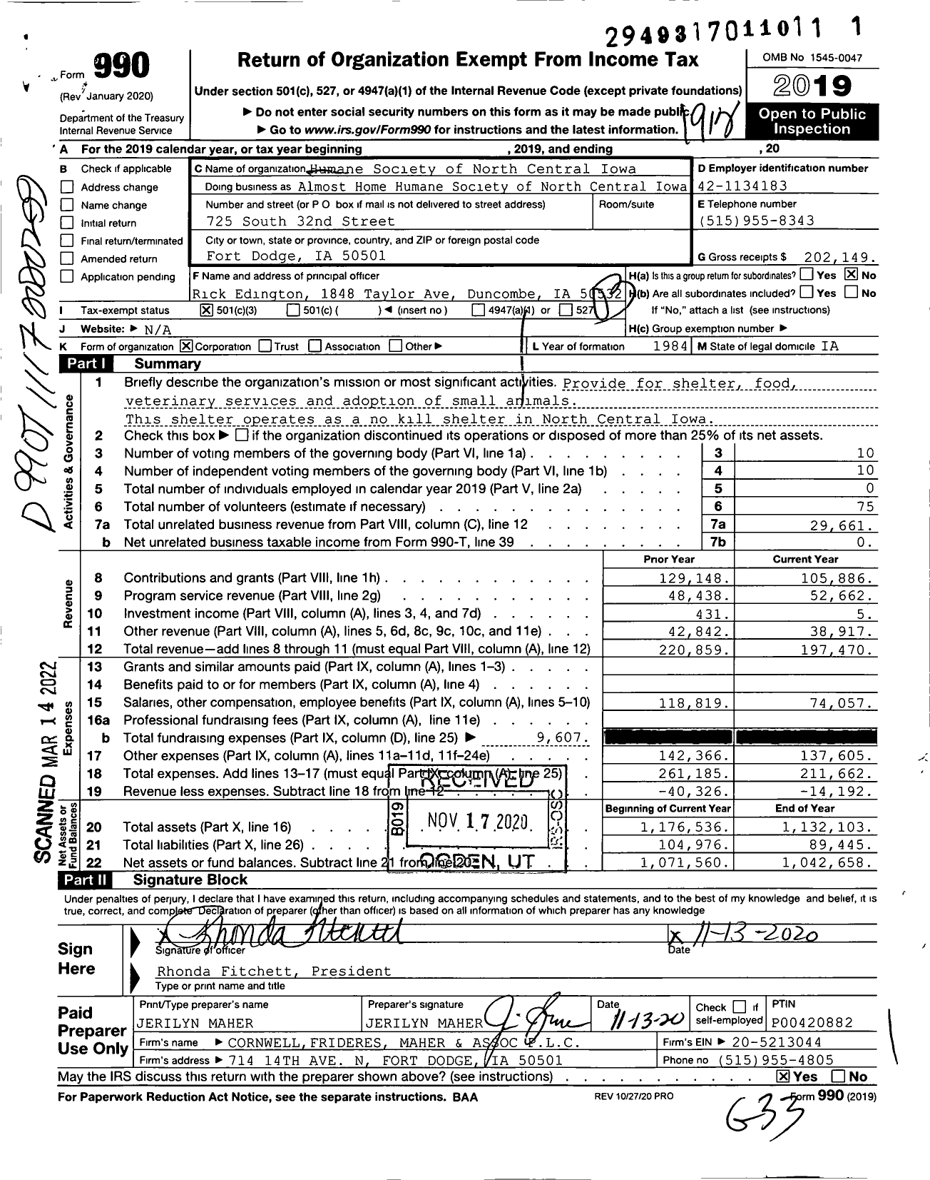 Image of first page of 2019 Form 990 for Almost Home Humane Society of North