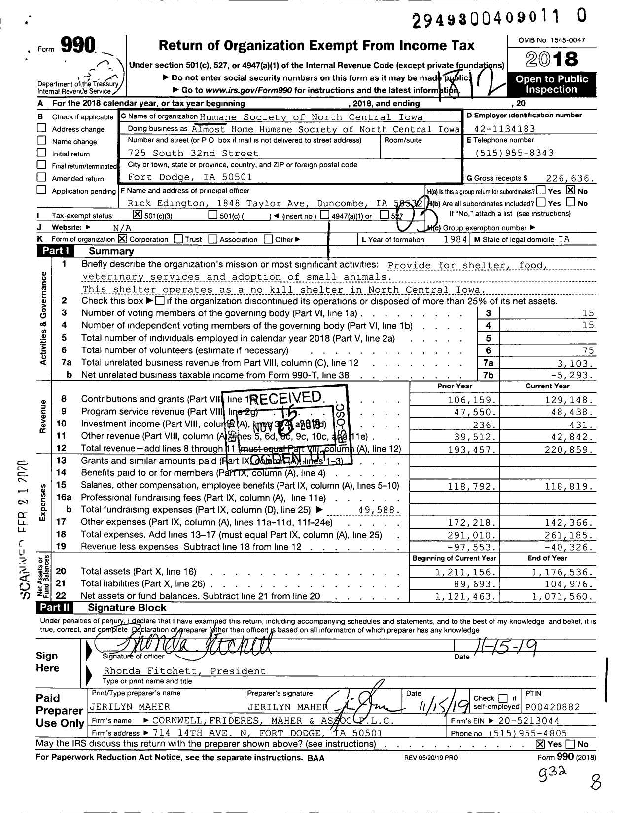 Image of first page of 2018 Form 990 for Almost Home Humane Society of North