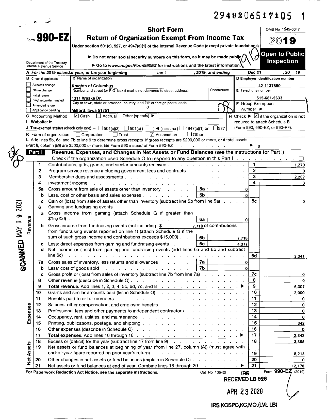 Image of first page of 2019 Form 990EO for Knights of Columbus - 7284 St Joseph