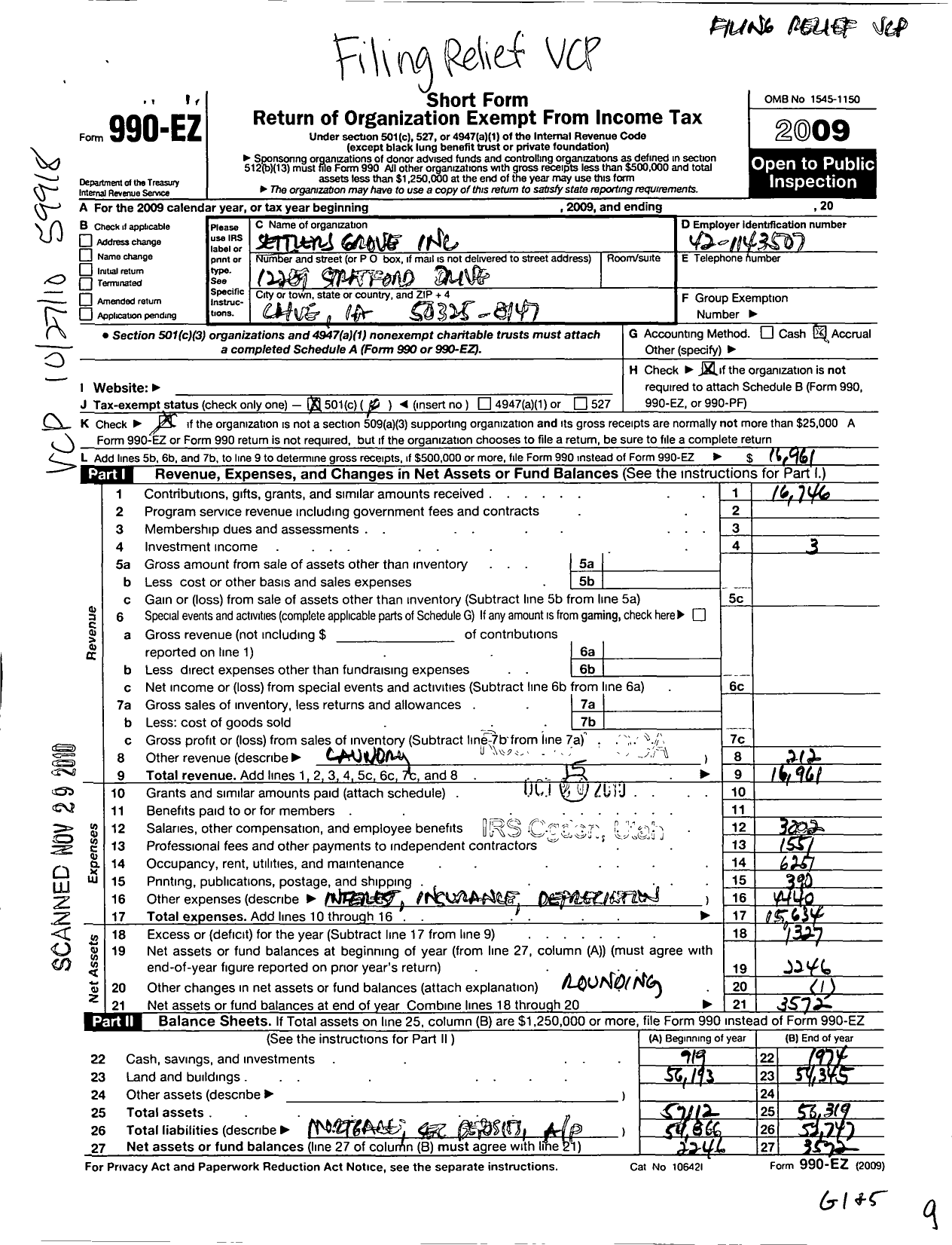 Image of first page of 2009 Form 990EO for Settlers Grove