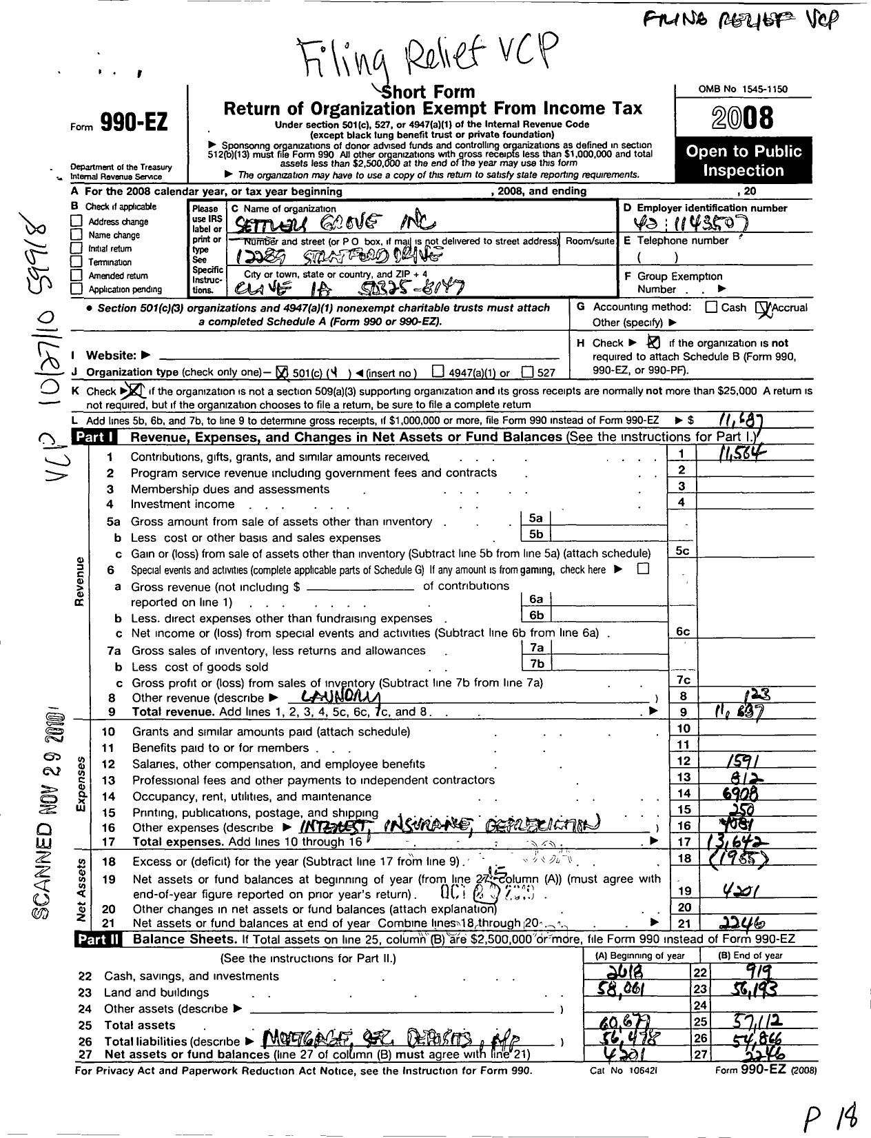 Image of first page of 2008 Form 990EO for Settlers Grove