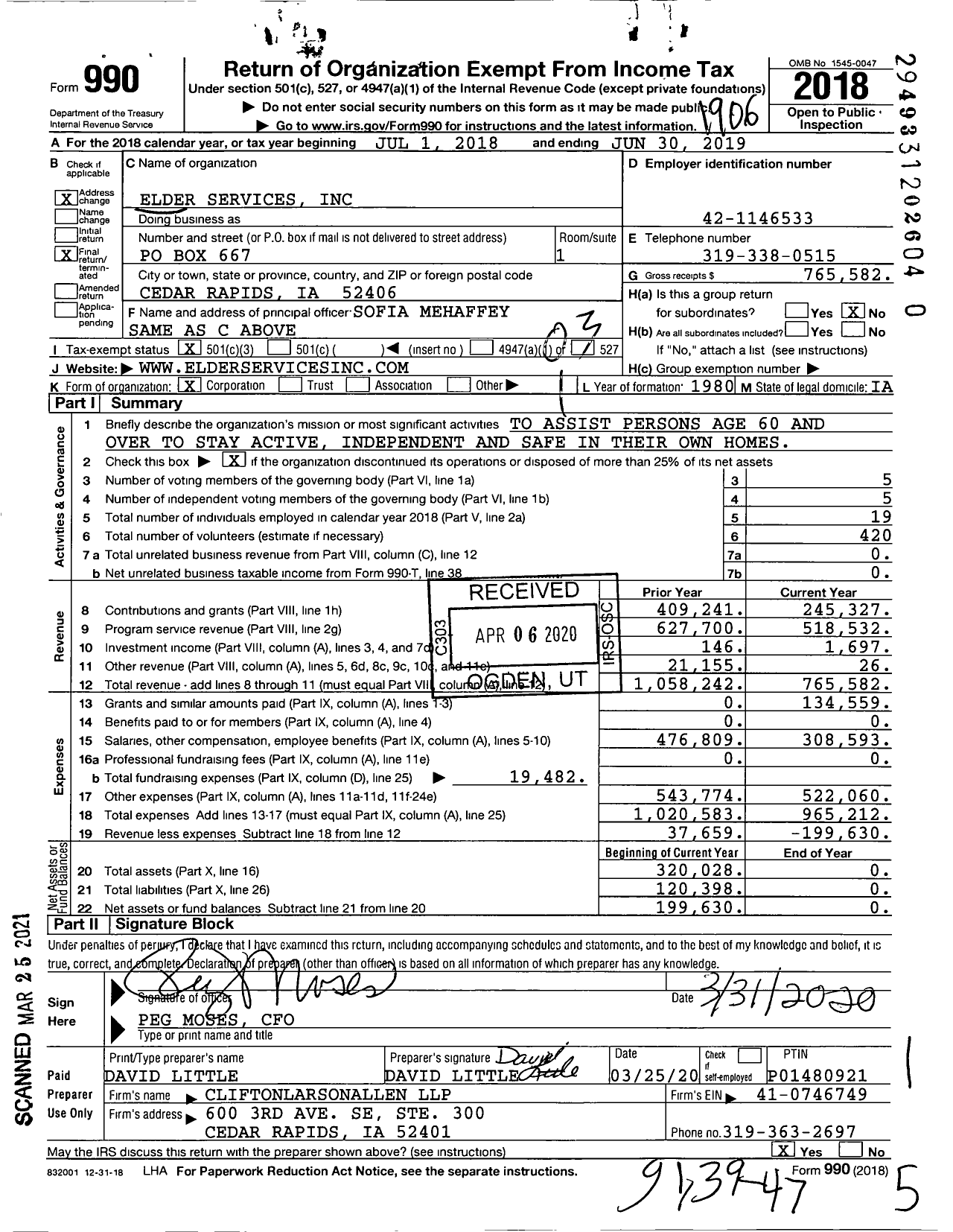 Image of first page of 2018 Form 990 for Elder Services