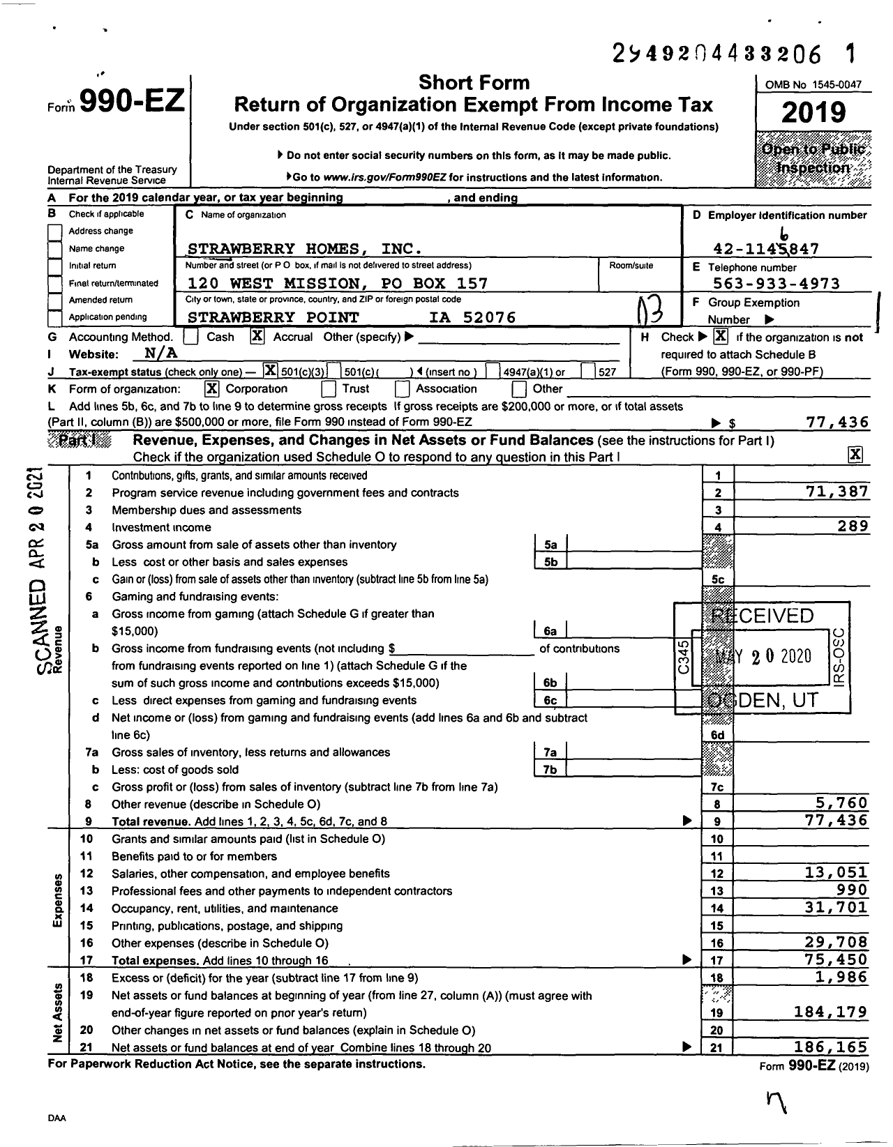 Image of first page of 2019 Form 990EZ for Strawberry Homes