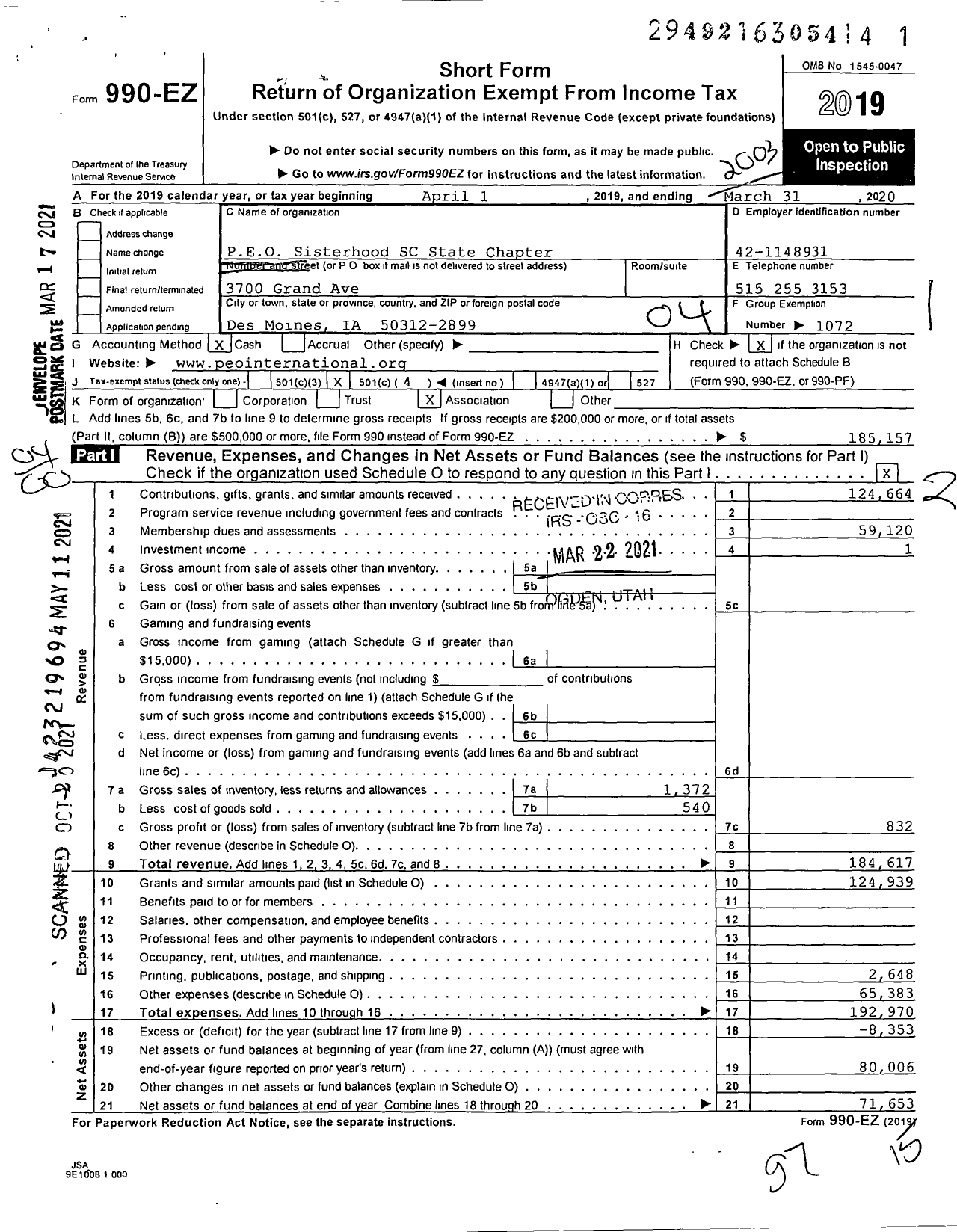 Image of first page of 2019 Form 990EO for PEO Sisterhood International - SC State Chapter