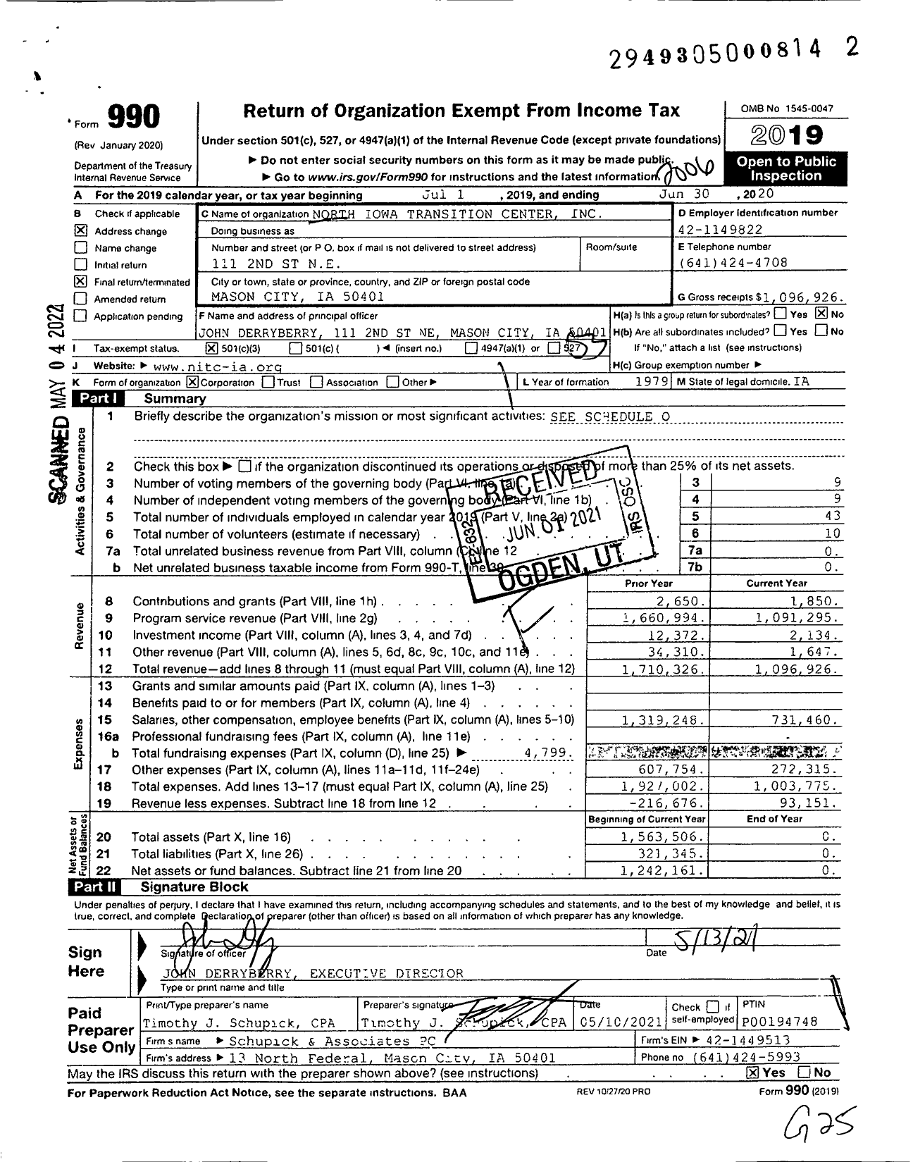 Image of first page of 2019 Form 990 for North Iowa Transition Center