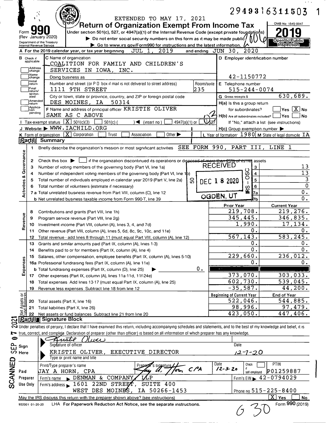 Image of first page of 2019 Form 990 for Coalition for Family and Children's Services in Iowa