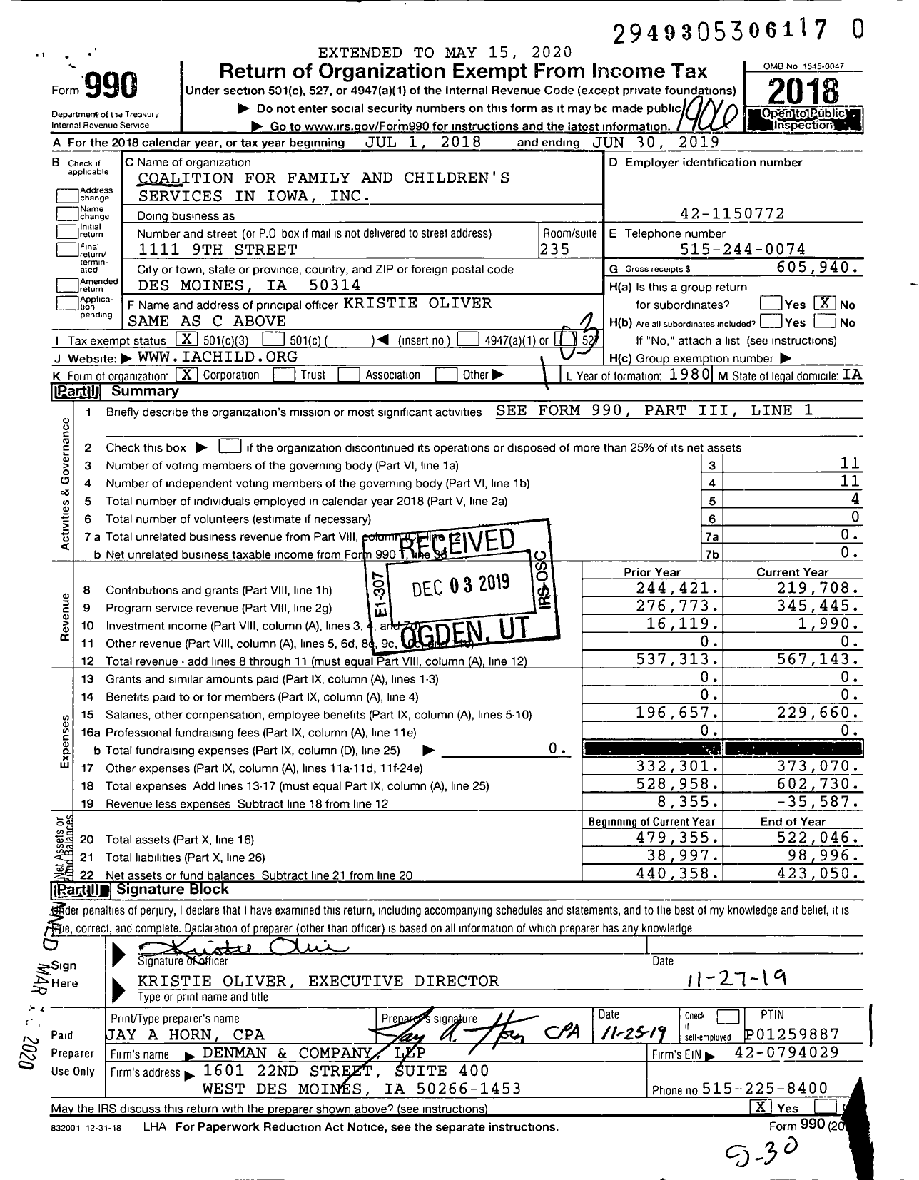 Image of first page of 2018 Form 990 for Coalition for Family and Children's Services in Iowa