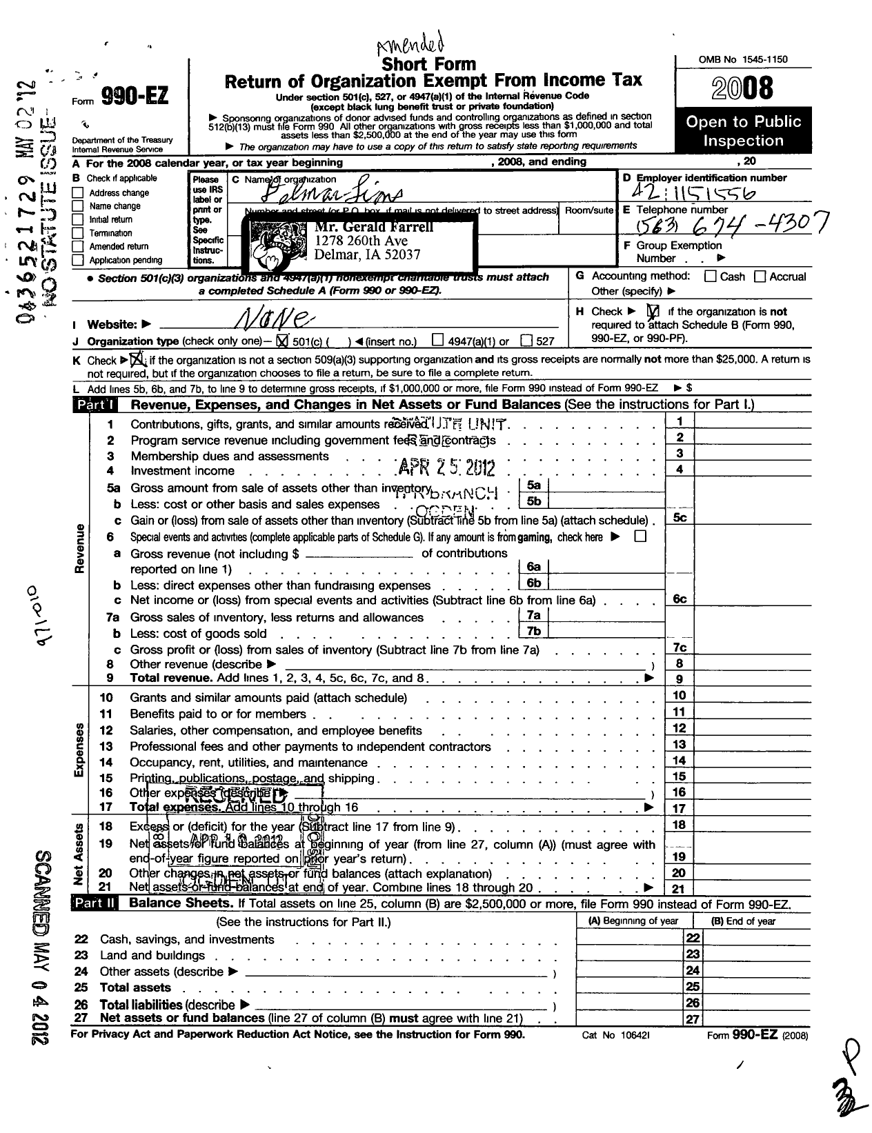 Image of first page of 2008 Form 990EO for Lions Clubs - 37565 Delmar