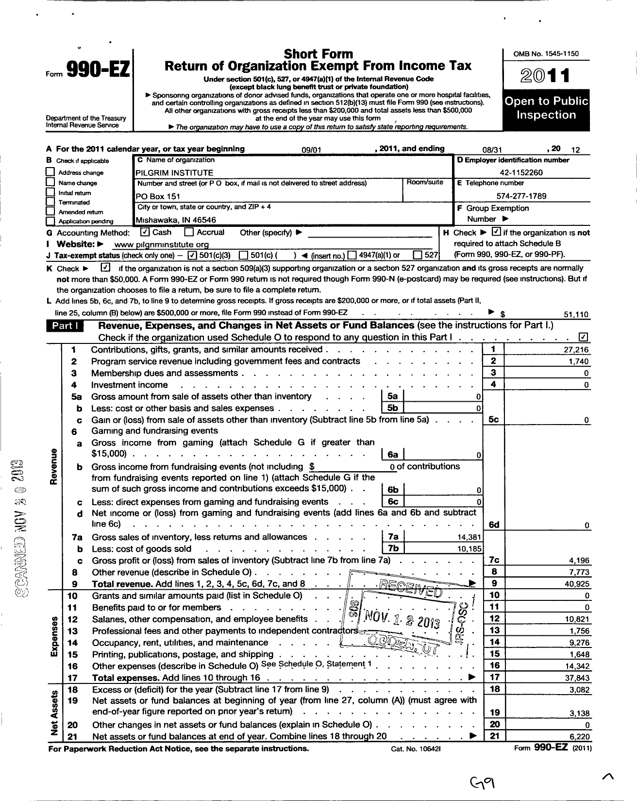 Image of first page of 2011 Form 990EZ for Pilgrim Institute