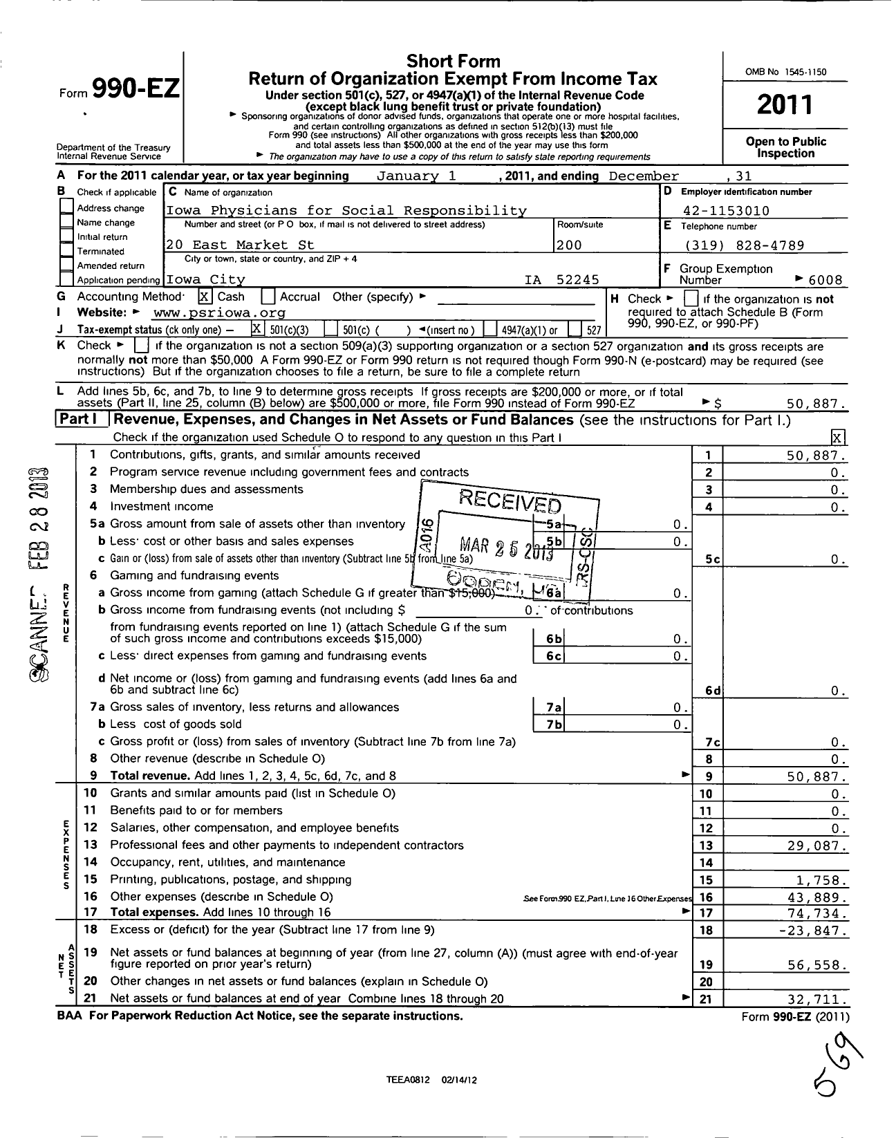 Image of first page of 2011 Form 990EZ for Physicians for Social Responsibility / Iowa