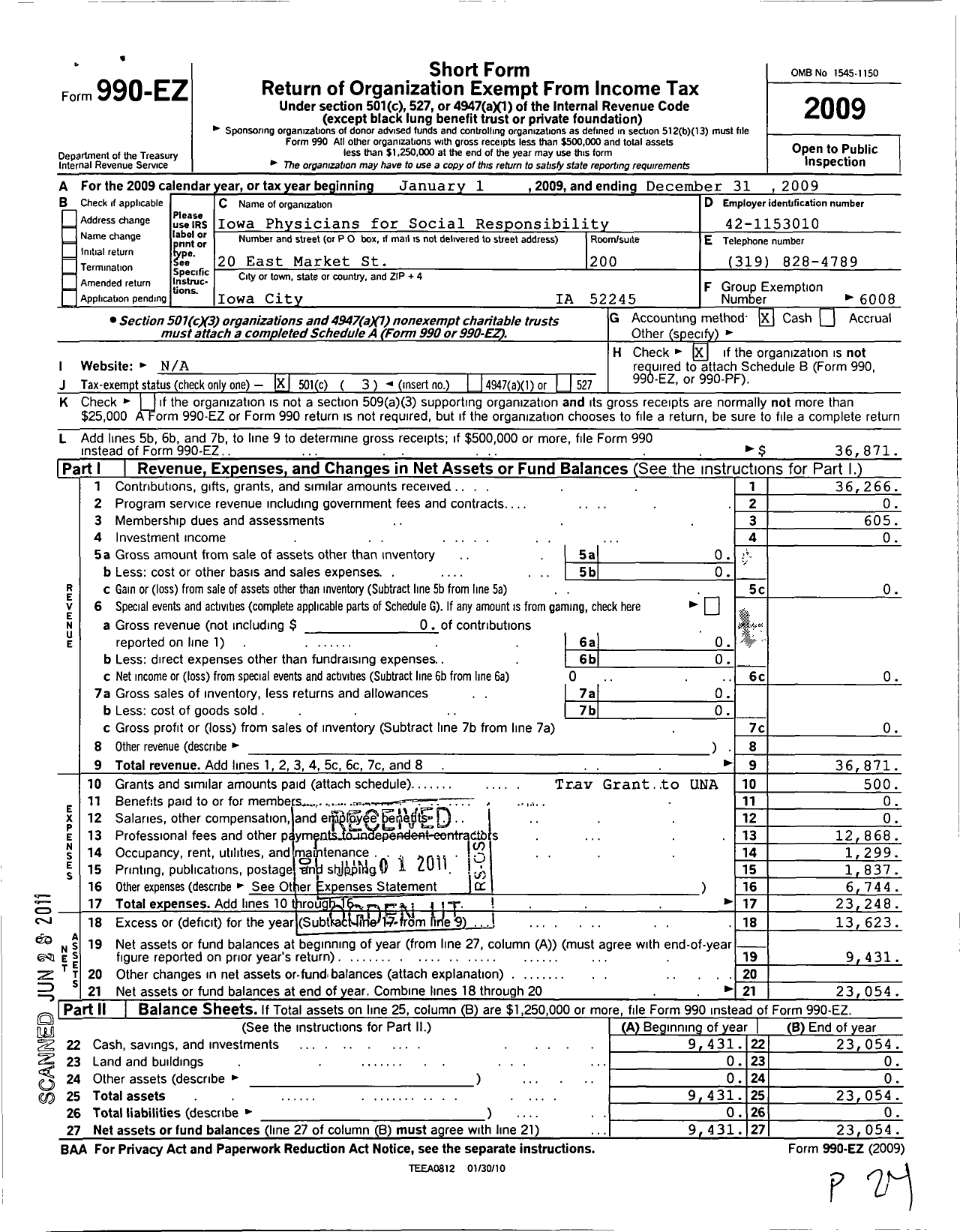 Image of first page of 2009 Form 990EZ for Physicians for Social Responsibility / Iowa