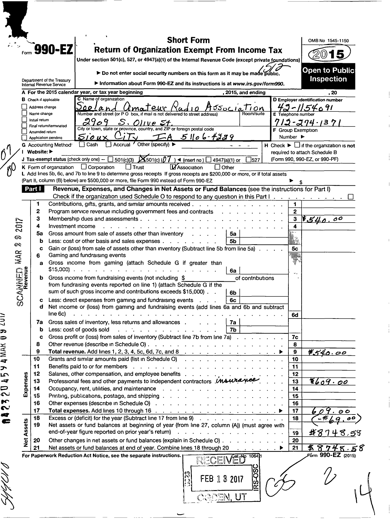 Image of first page of 2015 Form 990EO for Sooland Amateur Radio Association