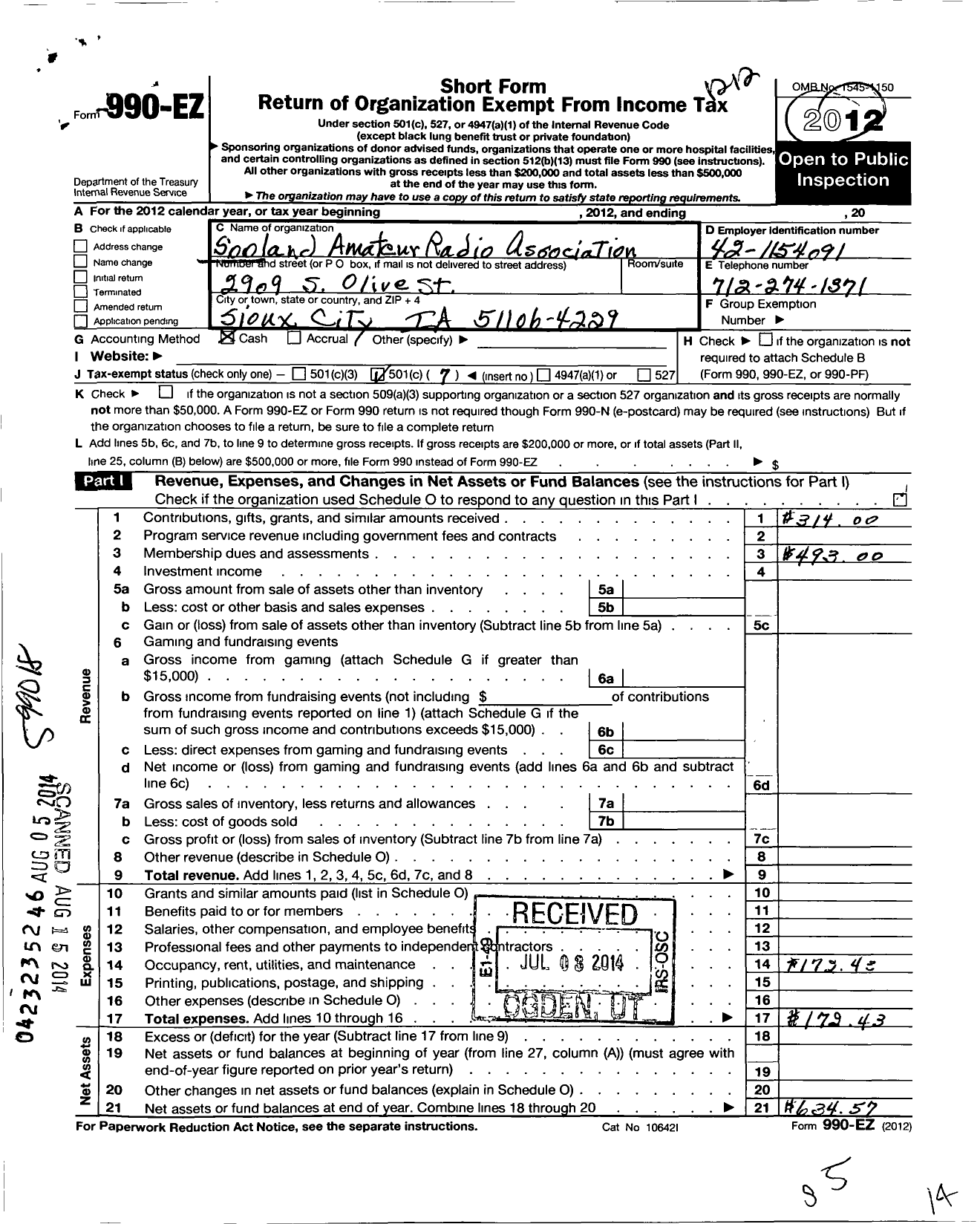 Image of first page of 2012 Form 990EO for Sooland Amateur Radio Association