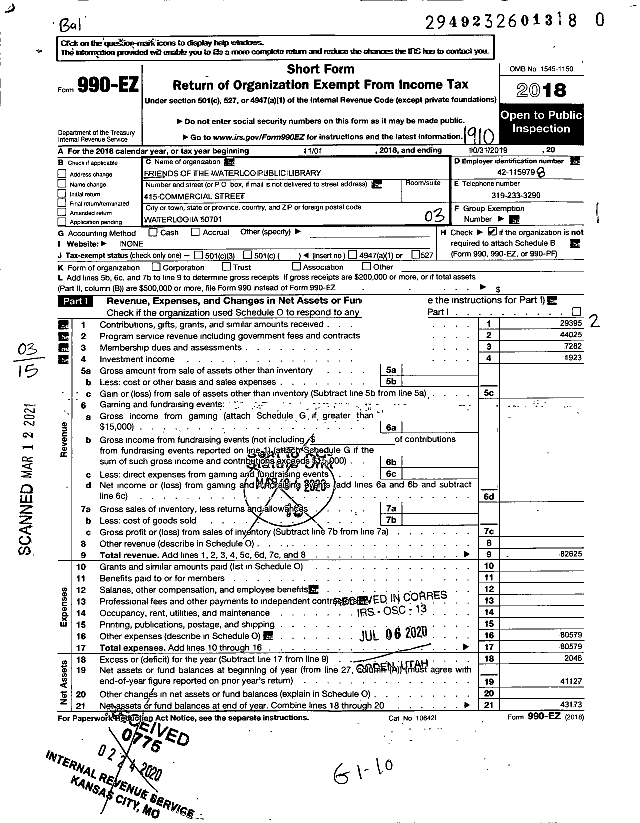 Image of first page of 2018 Form 990EZ for Friends of the Waterloo Public Library