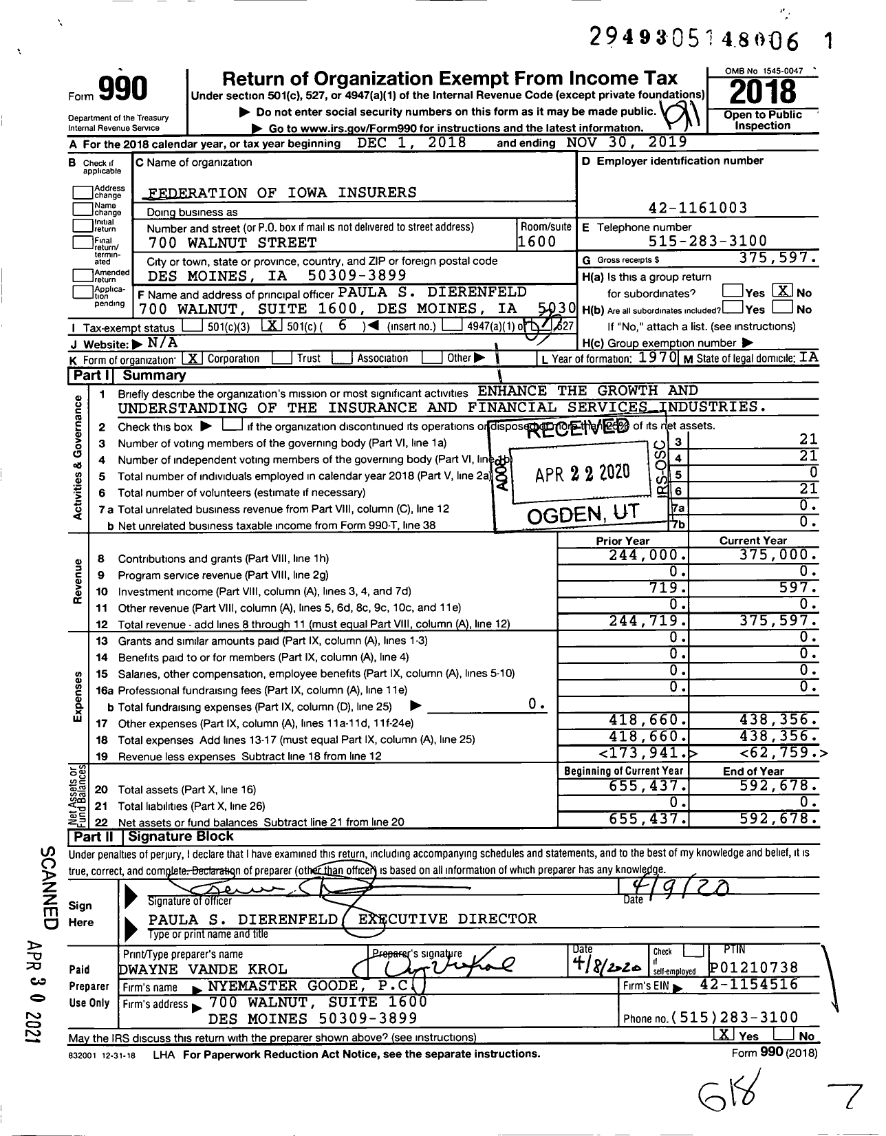 Image of first page of 2018 Form 990 for Federation of Iowa Insurers