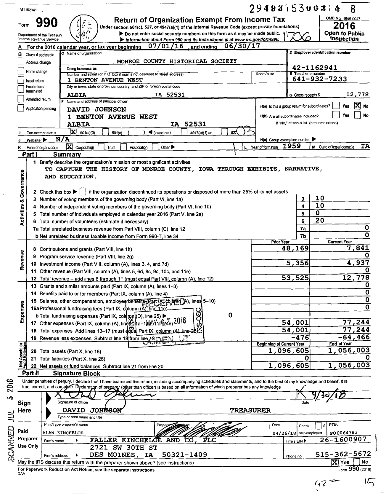 Image of first page of 2016 Form 990 for Monroe County Historical Society