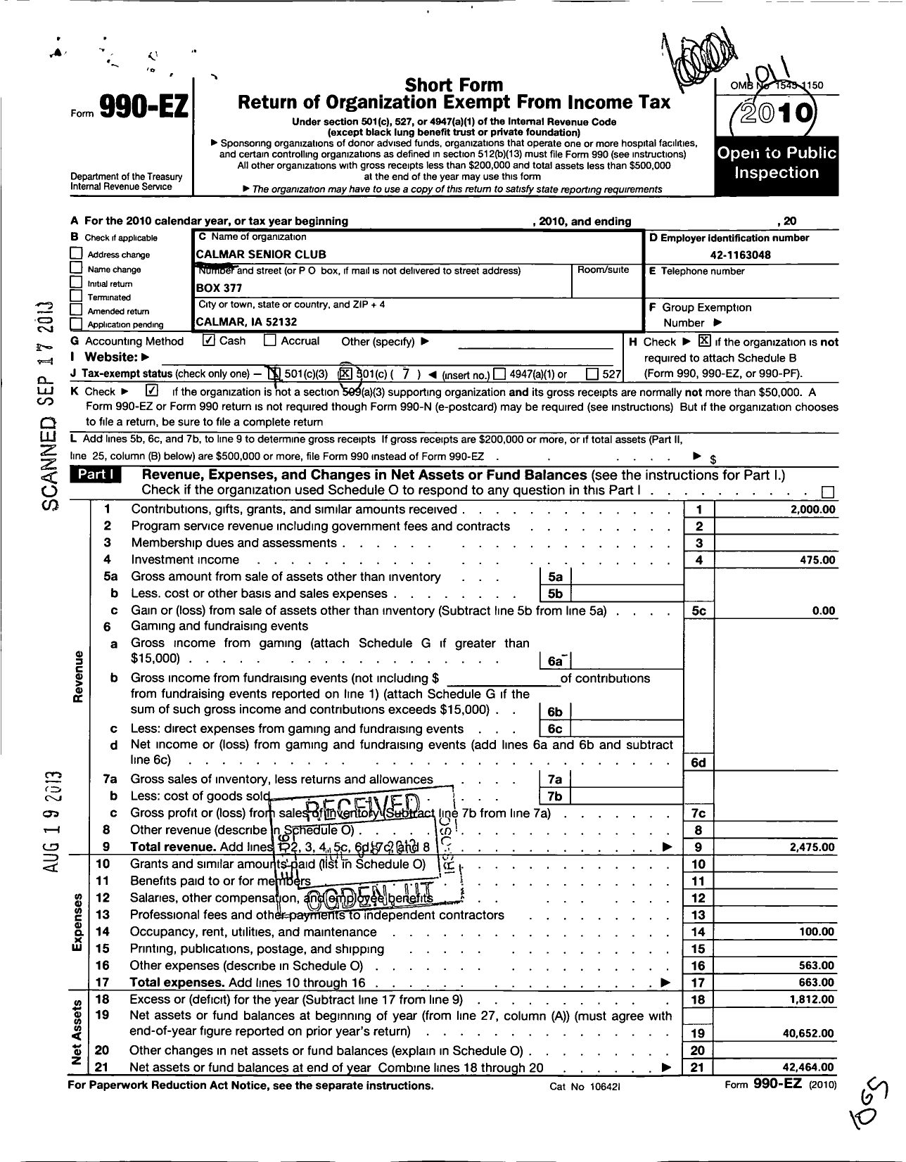 Image of first page of 2009 Form 990EO for Calmar Senior Club